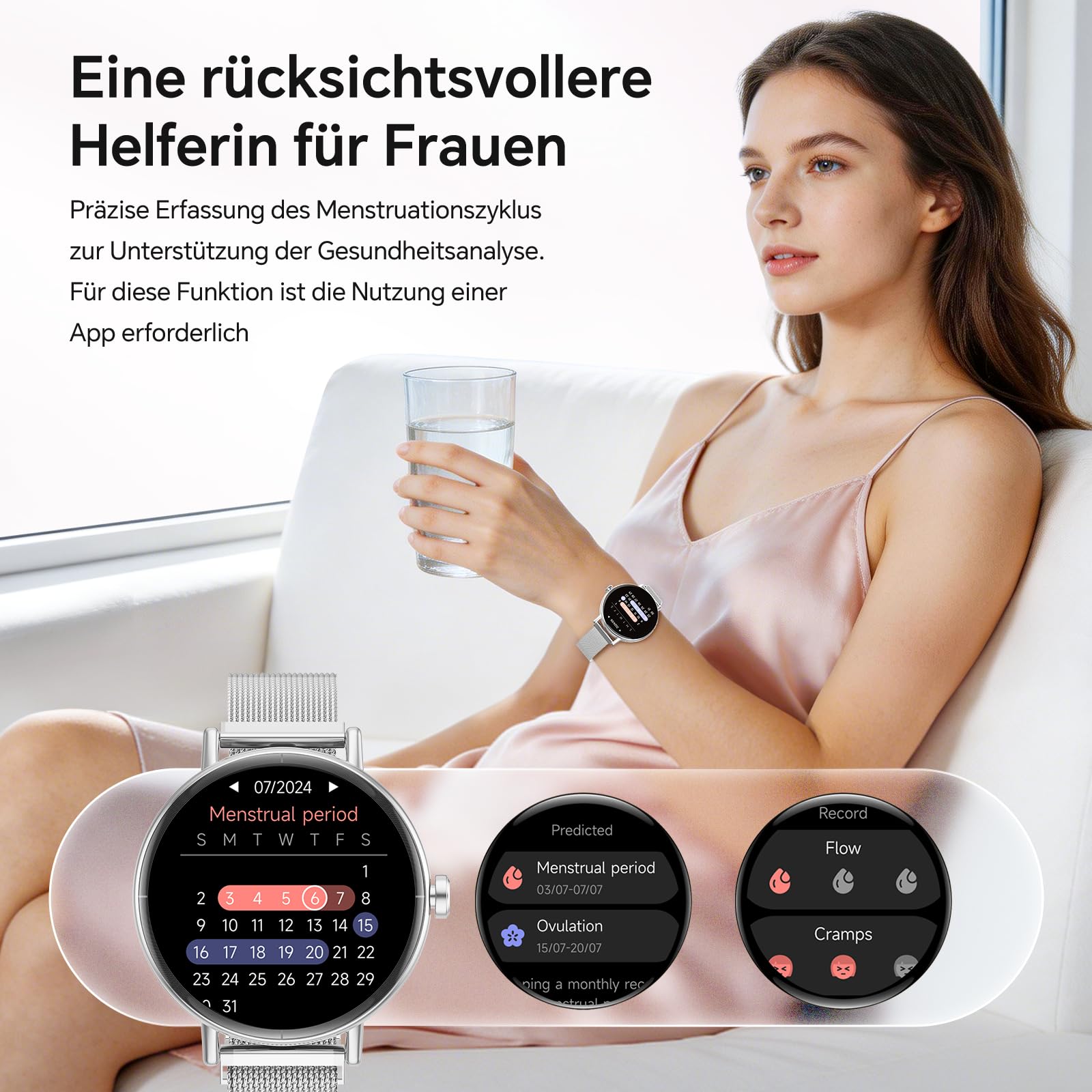 Smartwatch Damen Rund Metallarmband 1.27" Smart Watch mit Telefonfunktion Fitnessuhr SpO2 Herzfrequenz Stress Kalorien Schlaf Schrittzähler 100+ Sportmodi IP68 Wasserdicht für iOS Android