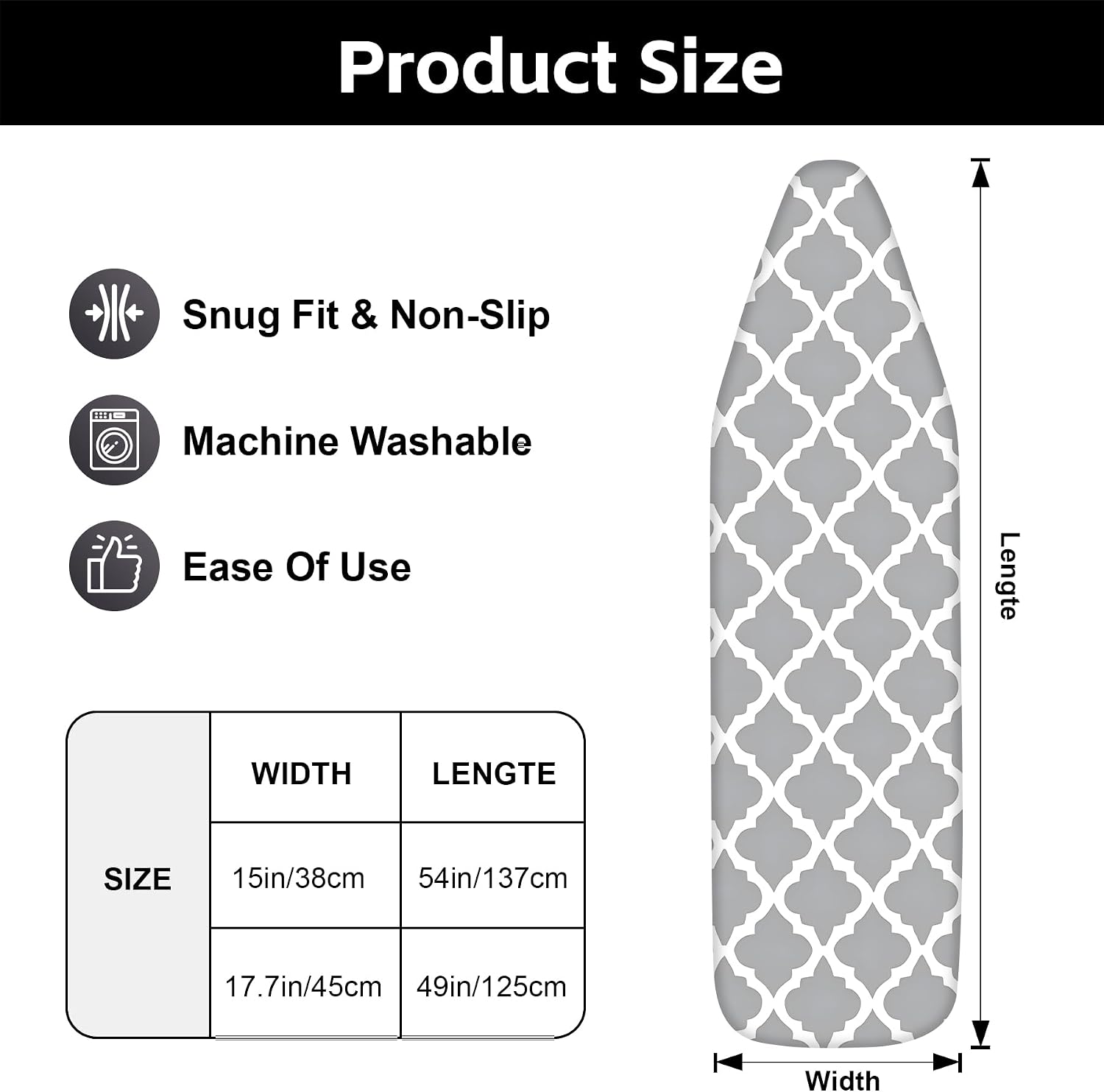 Floral Ironing Board Cover, Standard Size Cotton Iron Board Covers with Heavy Duty Adjustable Elastic Edges and Fastener, Breathable Ironing Board Covers for Smooth Ironing