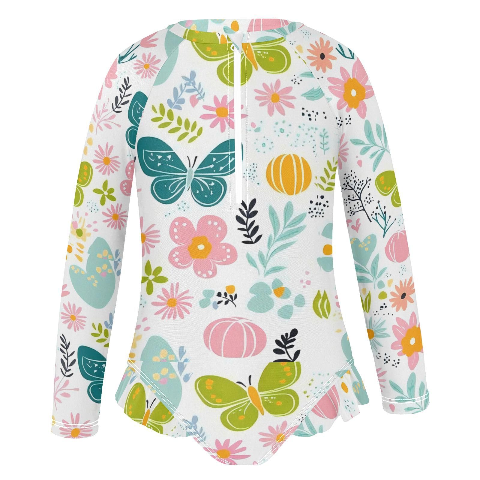 1 Piecing Long Sleeve Swimsuit Girls Cartoon Floral Daffodil Petal Peach White Swim Suits for Bathing Suit 5-6T