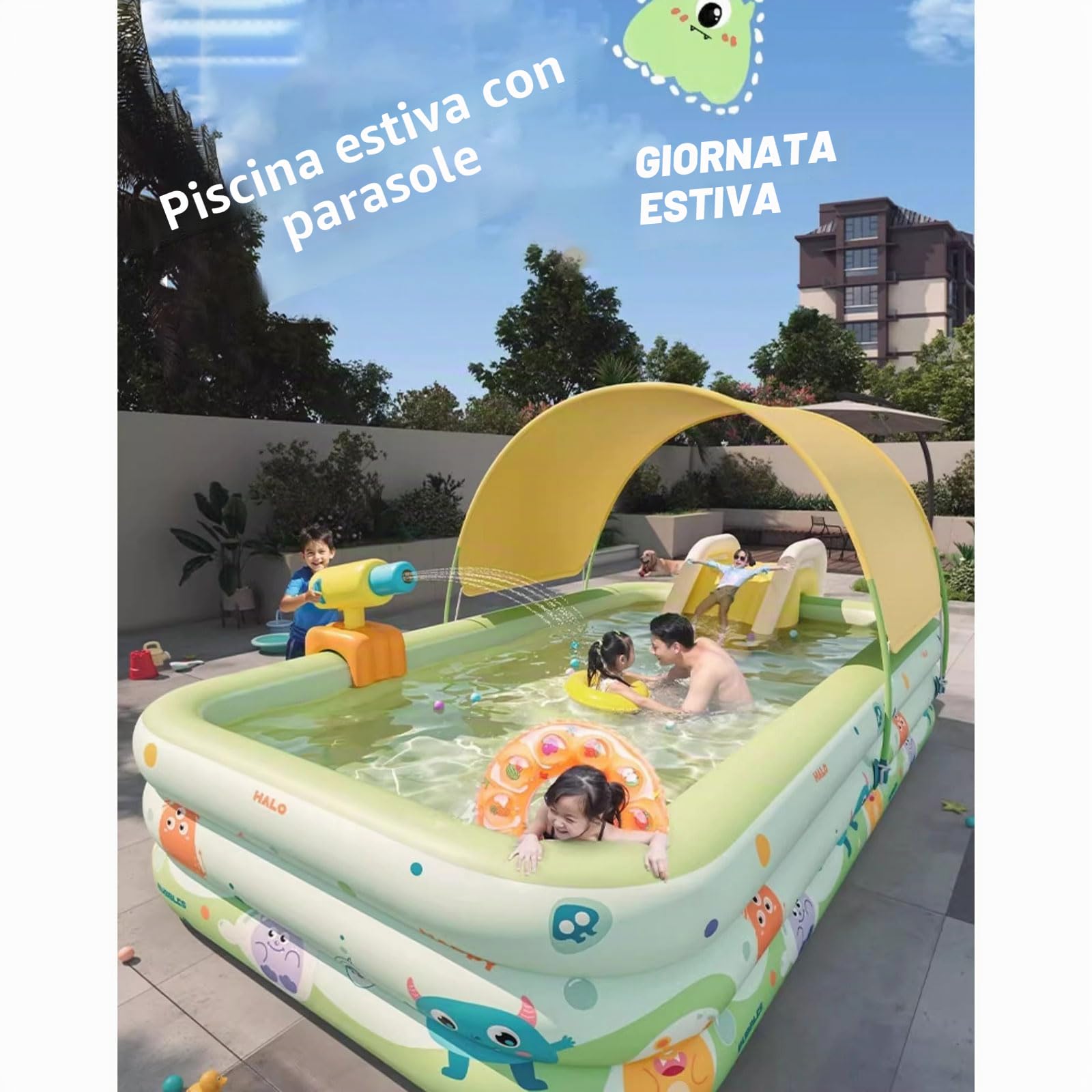 Piscina familiare per Bambini e Adulti 300*175cm,Piscine Gonfiabili Esterni Con ombrellone e scivolo,materiale spesso in PVC,Centro giochi acquatico gonfiabile per Cortile Esterno da Giardino