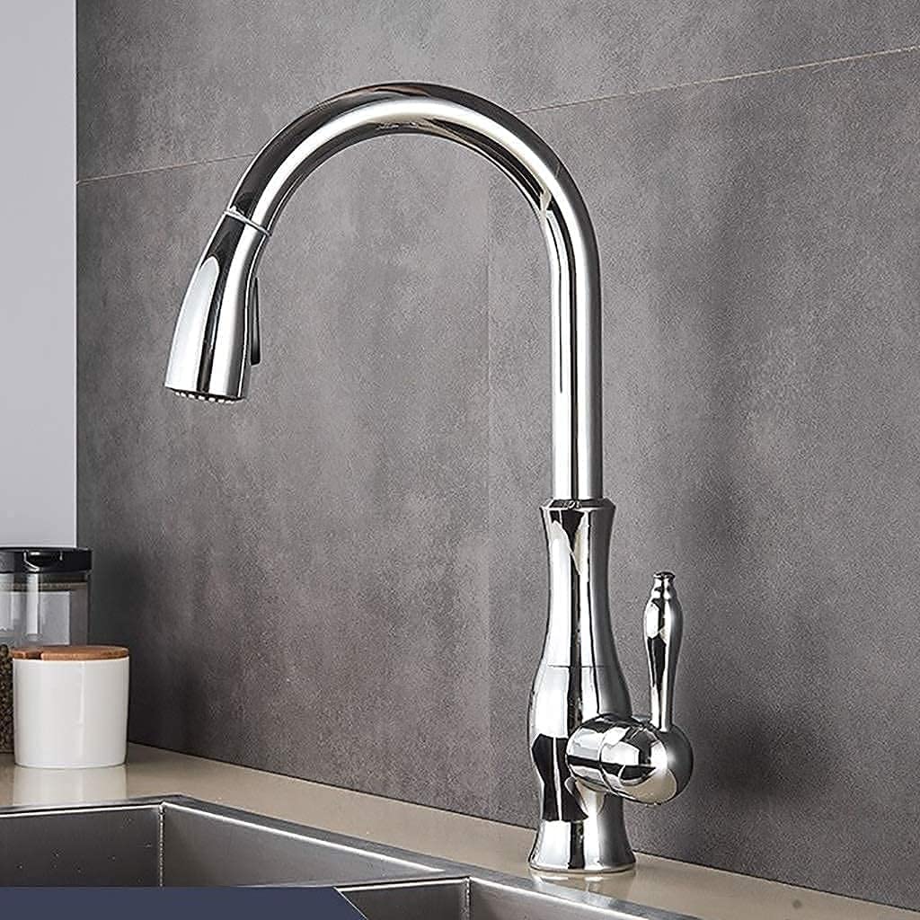 ZQFHSX Modern Kitchen Faucet with Pull Out Sprayer Single Lever Water Mixer Tap 360 Degree Rotation Chrome Finish