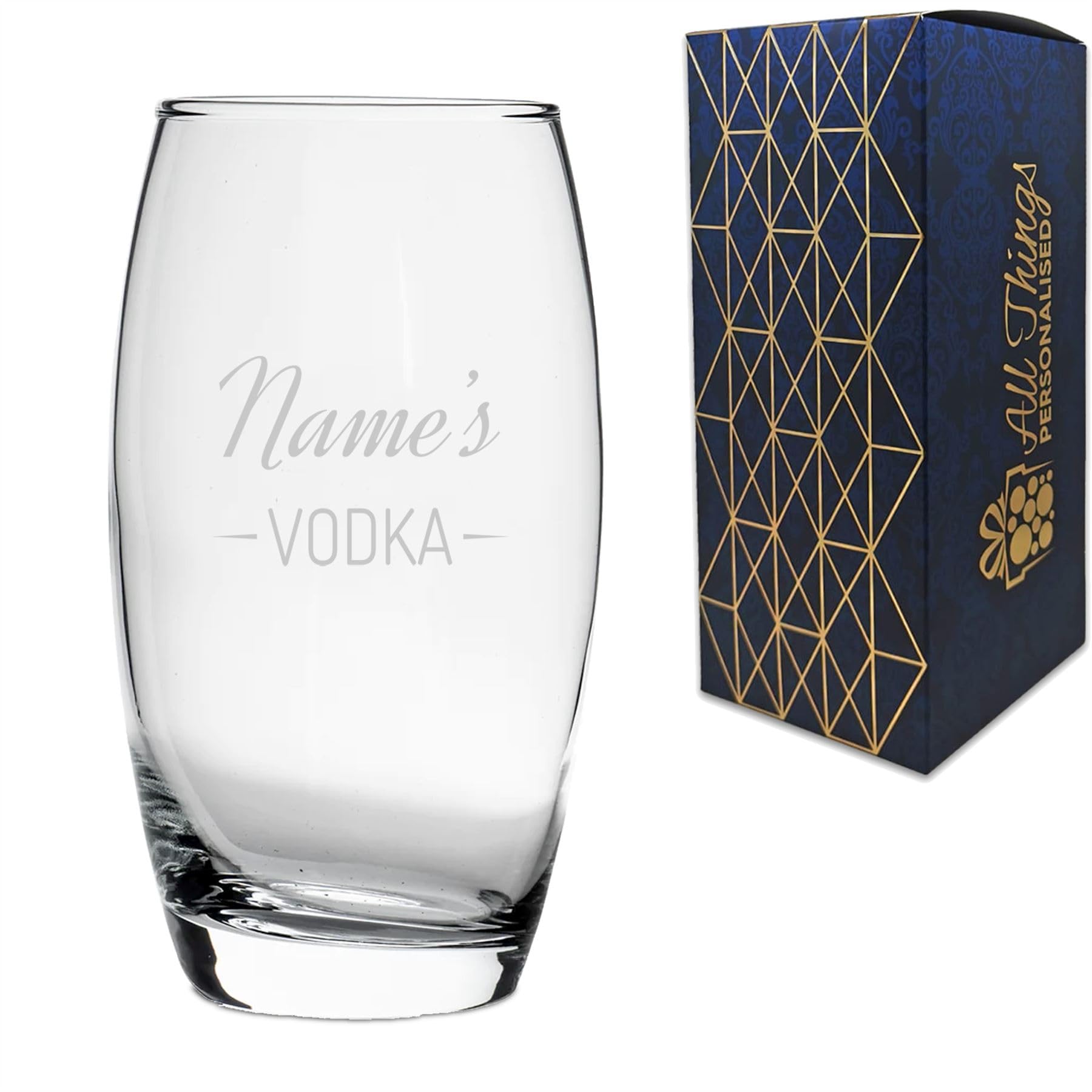 Personalised Engraved Novelty Vodka Tondo Hiball Tumbler Glass with 'Name's Vodka' Design, Customise with Any Name for Any Occasion, Gift Box Included, Laser Engraved