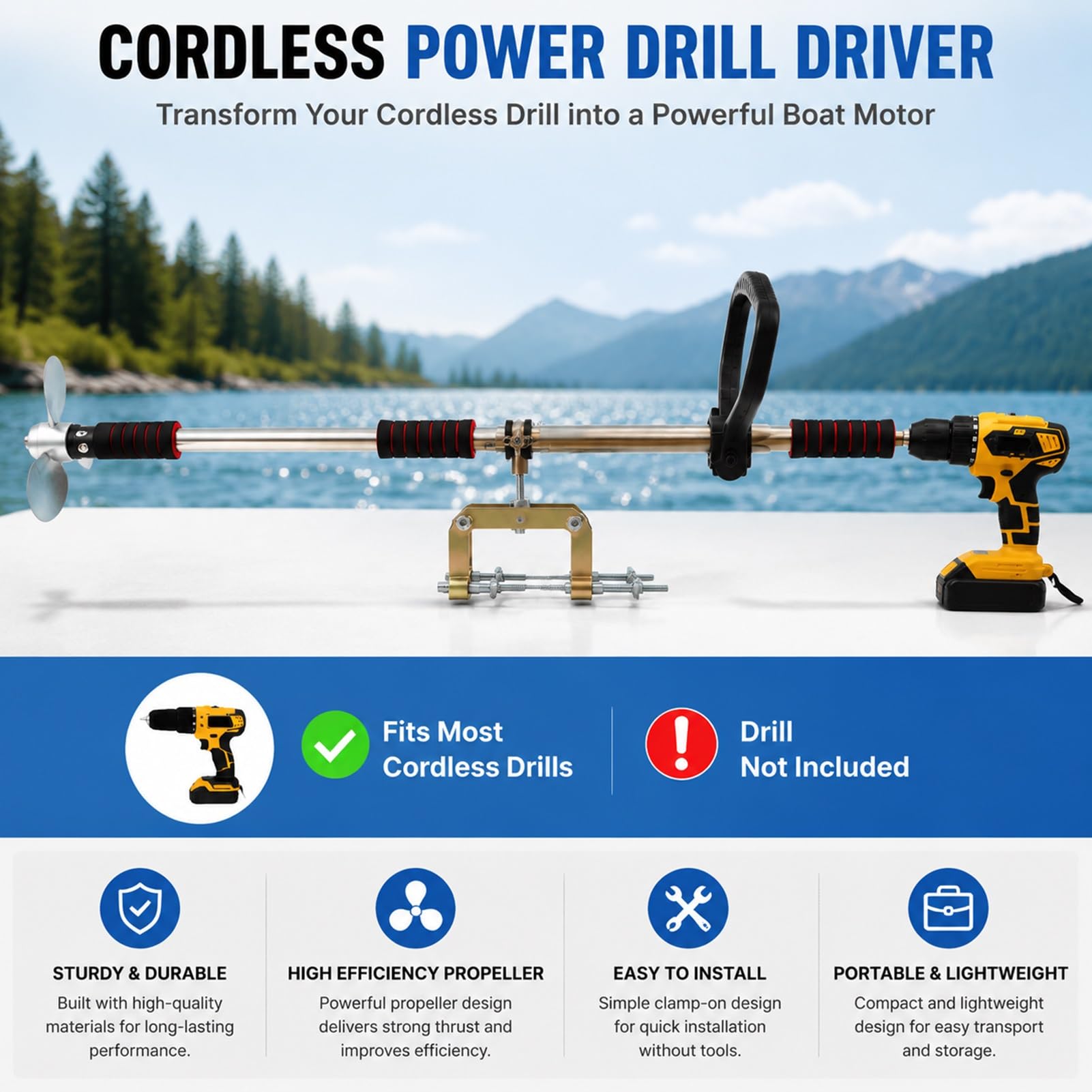 Hélice orientable accionada por Taladro para Kayak Pequeño Motor Fueraborda | Kit de propulsión para Kayak para Lagos y estanques, Incluye Soporte