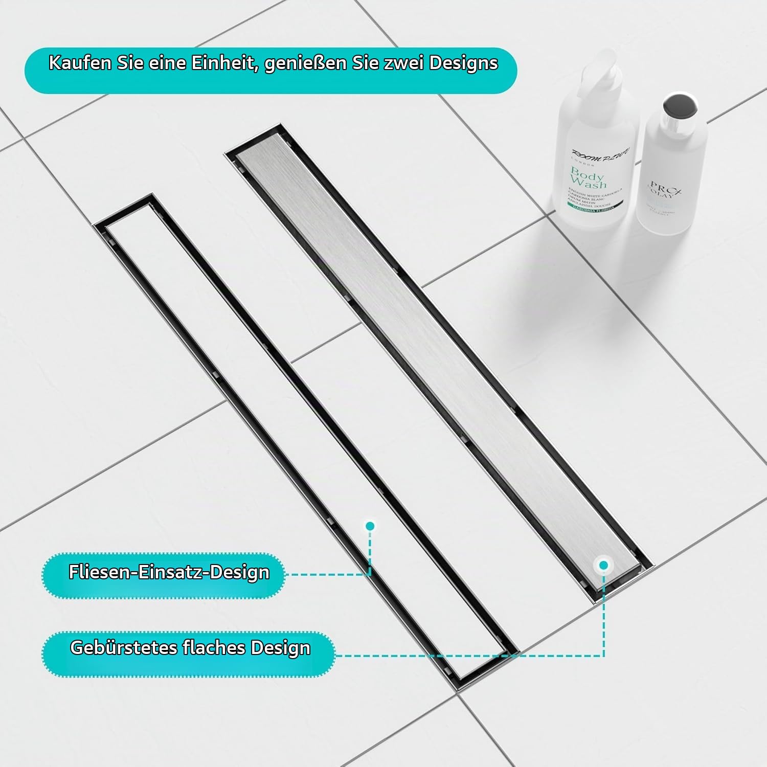 Duschrinne 60cm Unsichtbar mit Gebürsteter Oberfläche - Duschlauf und Duschabfluss als Rostfreie Einfache Entwässerung für Dusche, Kastenförmig