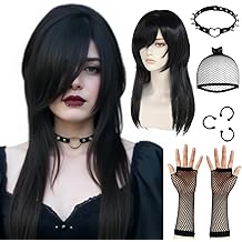 Hair Cap+ 8 PCS Set Emo Costume Women Long Black Wig Scene Wig 2000S Themed Party Outfits Pop Punk Party Goth Costume for Halloween Party (3 Fake Piercings, 1 Pair of Fishnet Gloves, 1 Choker)