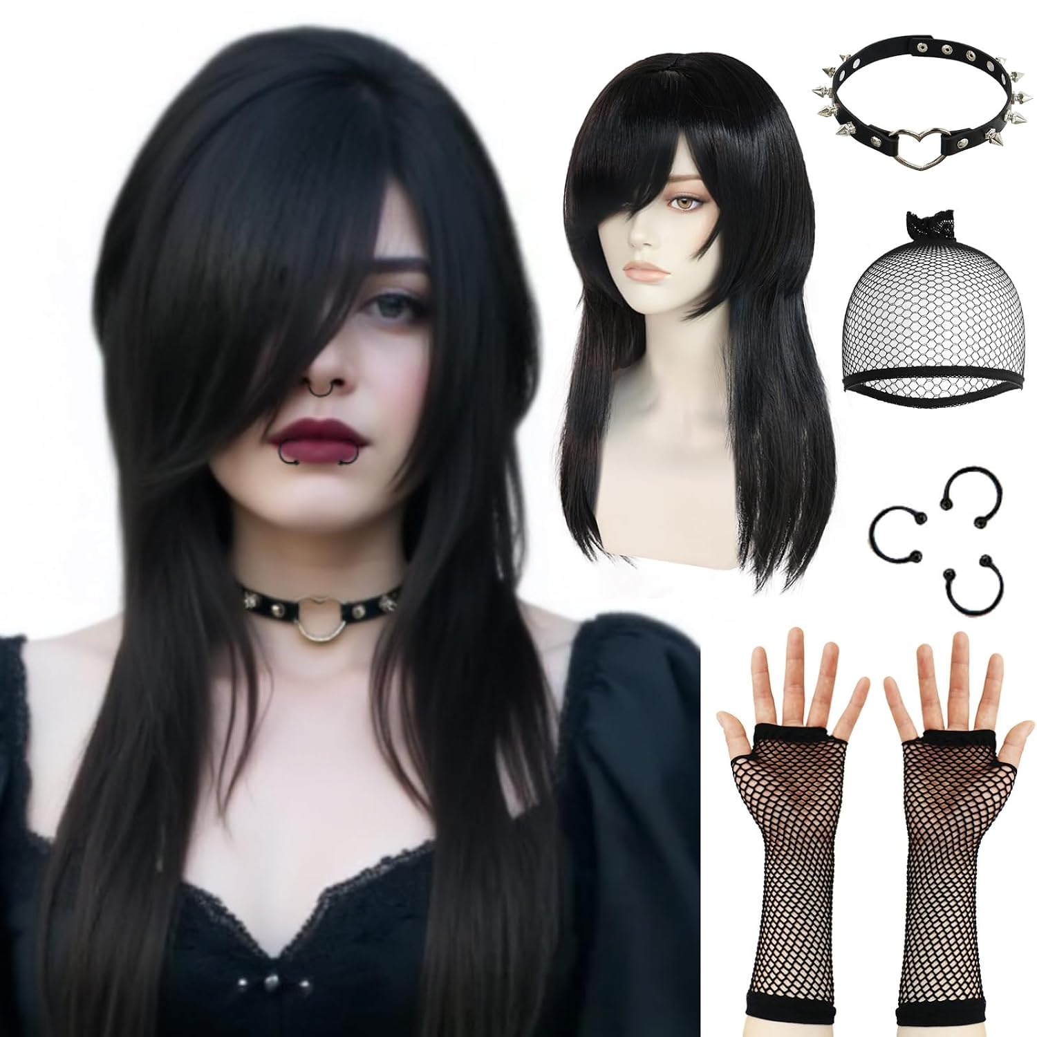 ANOGOL Hair Cap+ 8 PCS Set Emo Costume Women Long Black Wig Scene Wig 2000S Themed Party Outfits Pop Punk Party Goth Costume for Halloween Party (3 Fake Piercings, 1 Pair of Fishnet Gloves, 1 Choker)