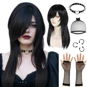8 Pcs Set Emo Costume Women Emo Wigs Scene Wig Punk Goth Costume | +Hair Cap+3 Fake Piercings+1 Pair of Fishnet Gloves+1 Choker 22Inch Long Black Wig Cosplay 2000S Themed Party for Halloween