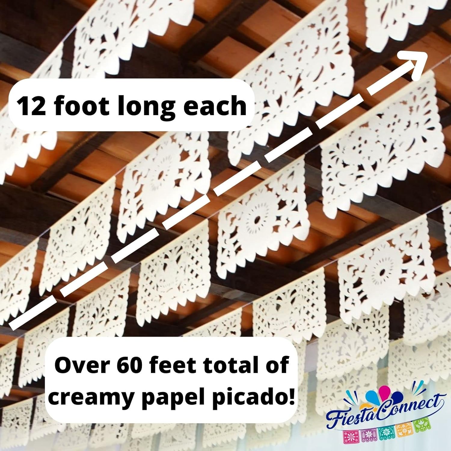 Off White Papel Picado Banners, Fiesta Decorations for Weddings, Bridal Shower, Engagement, Birthday, Baby Shower, Mexican Party Banner, Garland, Bunting, Streamer 5pk|60ft|Tissue Paper