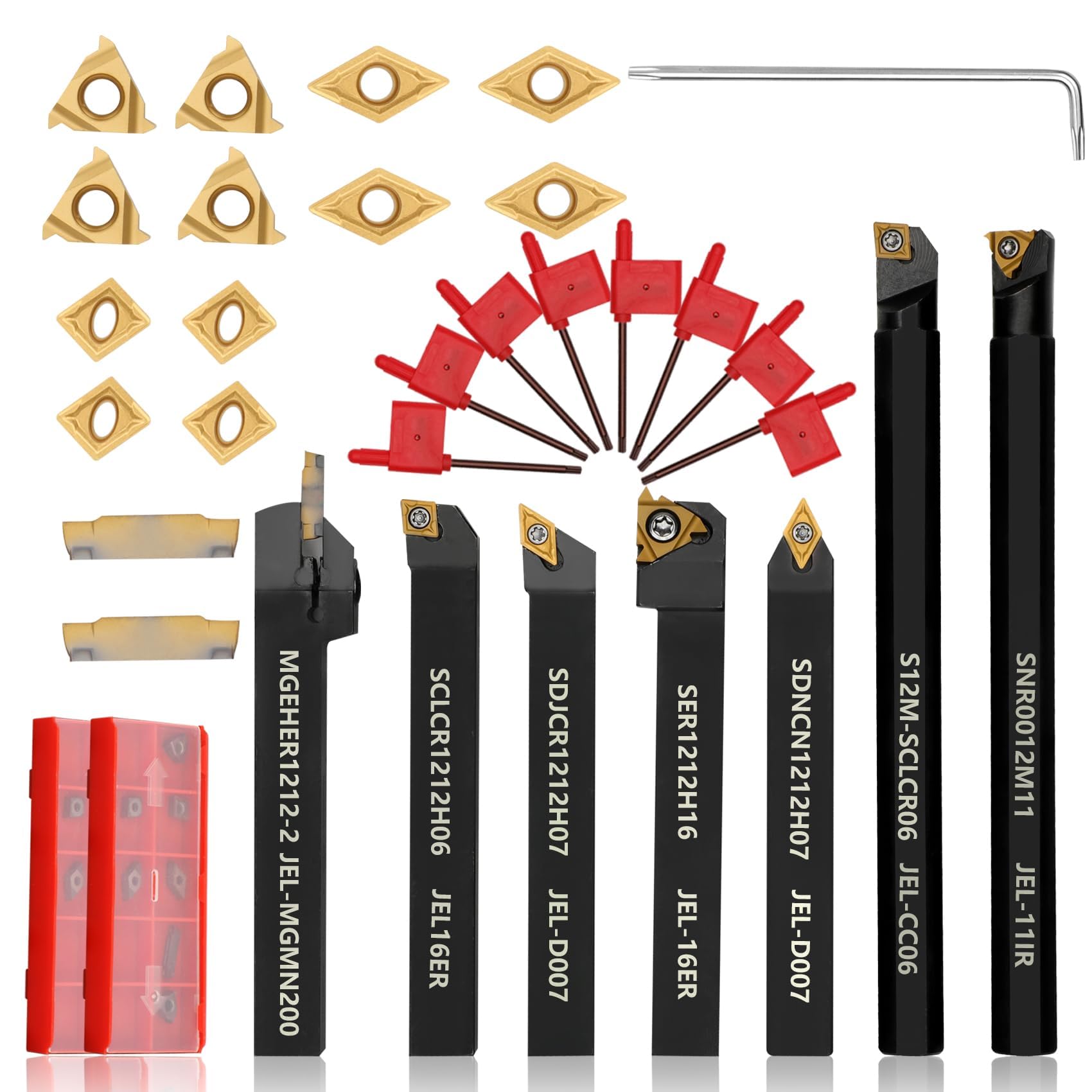 Lot de 21 outils de tournage indexables - Tige de 12 mm - 7 supports en métal avec 14 inserts de tournage pour tourner, rainurer, fileter, aléser les inserts en carbure de tungstène