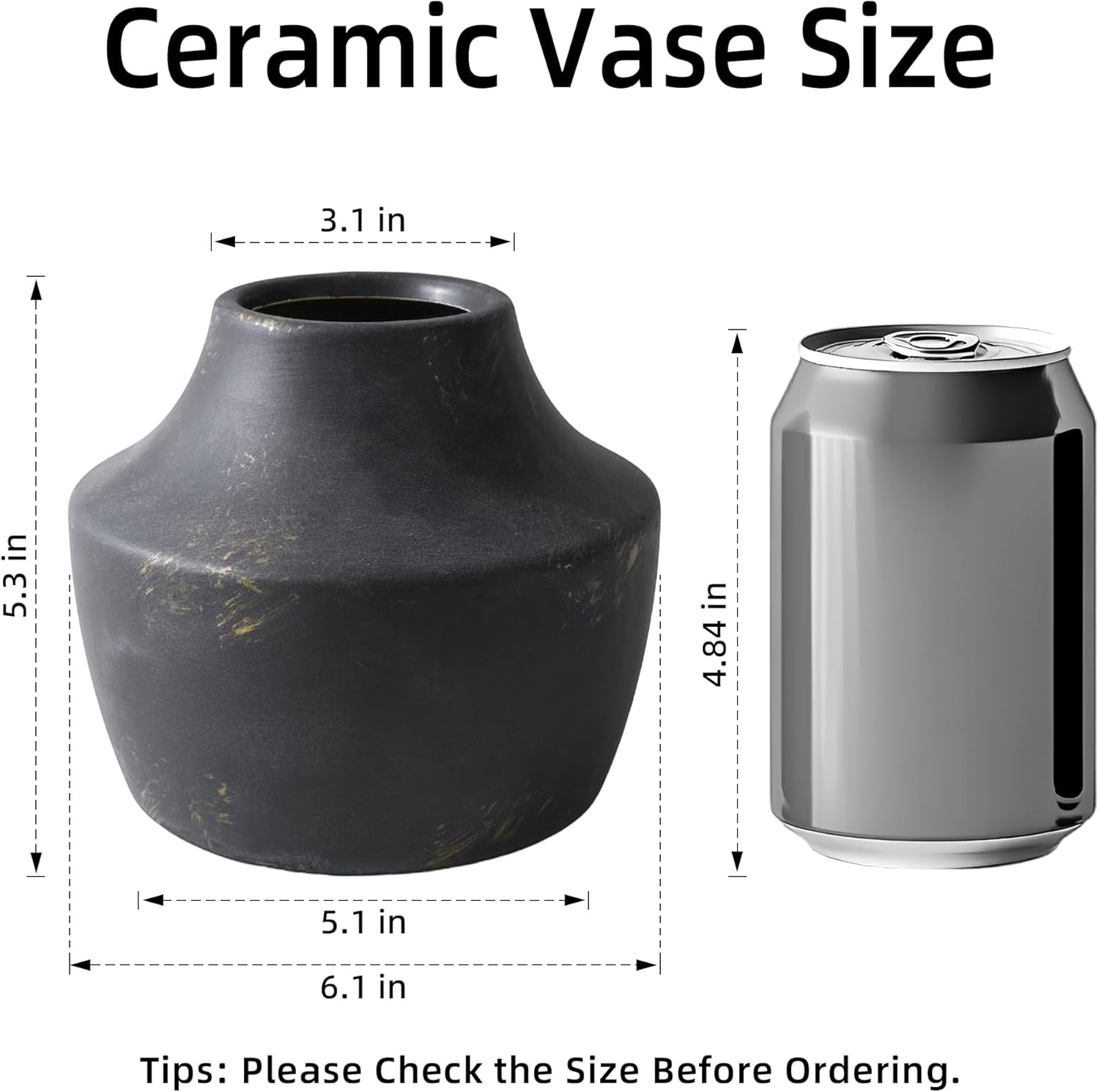 Black Ceramic Flower Vase, 5.3 in White Rustic Farmhouse Vase, Small Handcrafted Weathered Pottery Vases, Decorative Terracotta Vases for Flower, Living Room, Centerpieces, Table, Home Decor