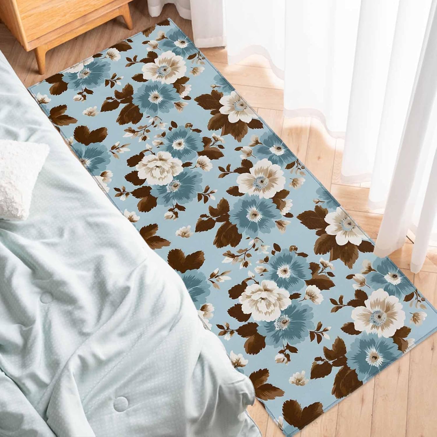 Teamery Kitchen Mats for Floor Beige Flowers Brown Leaves on Blue Washable Non Slip Kitchen Rugs 1PCS, Retro Floral Plants Absorbent Standing Mats for Sink Bathroom Office Living Room 15.7x47.2in