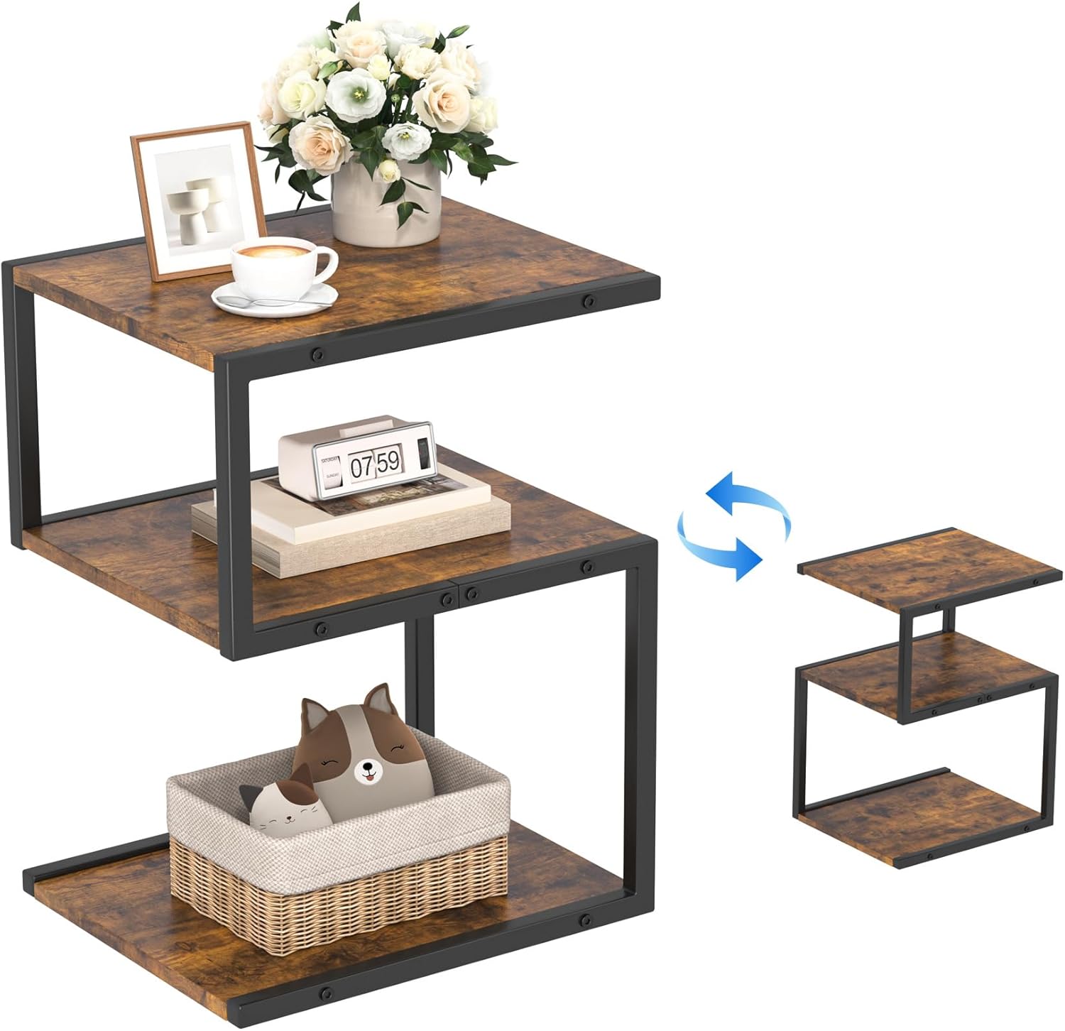 S-Shaped Side Table 3 Tier, Minimalist Nightstand for Small Spaces with Open Storage, Narrow End Table for Living Room Bedroom, Rustic Brown