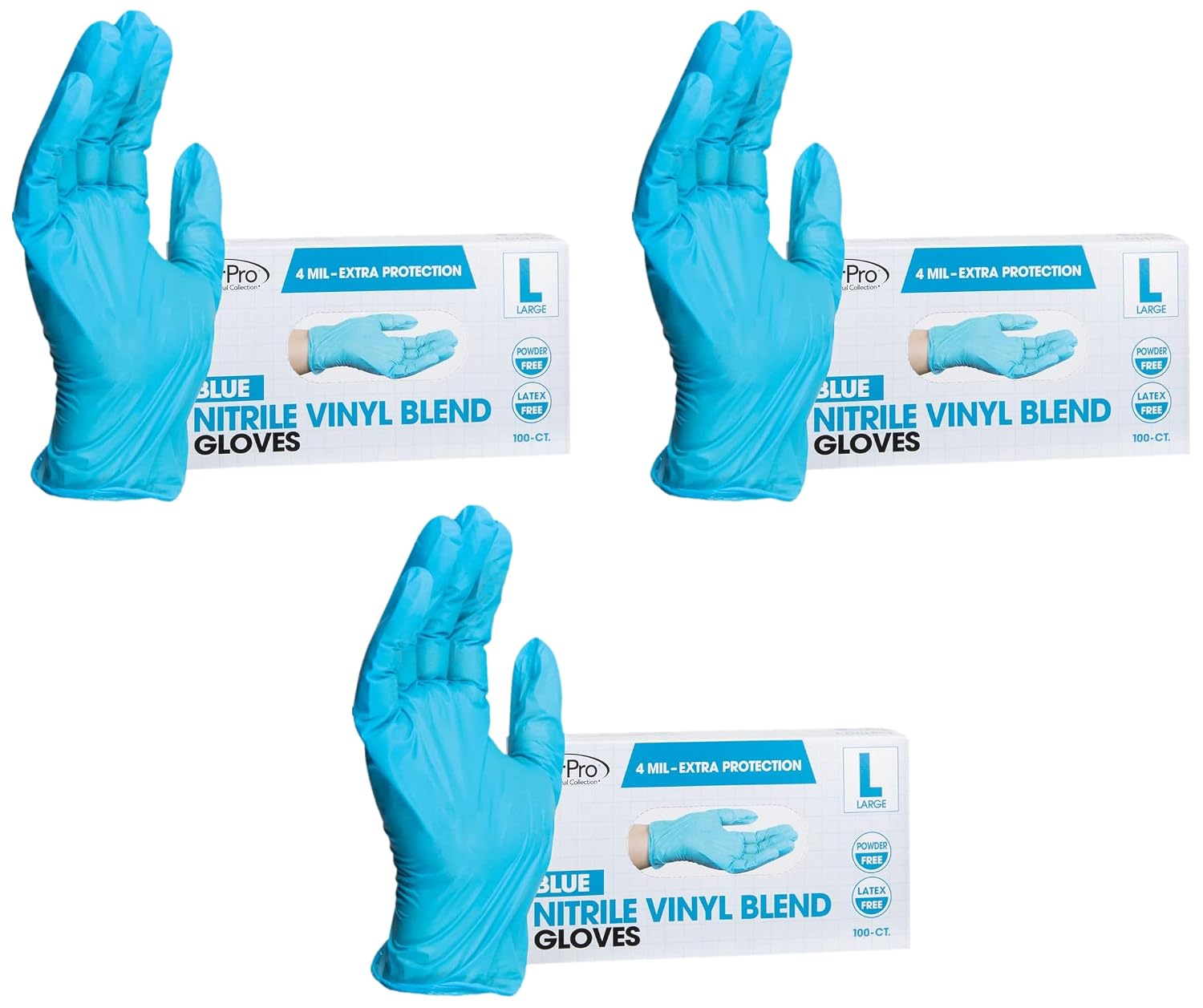 ForPro Disposable Nitrile Vinyl Blend Gloves, 4 Mil Extra Protection, Powder-Free, Latex-Free, Non-Sterile, Food Safe, Blue, Large, 100-Count (Pack of 3)