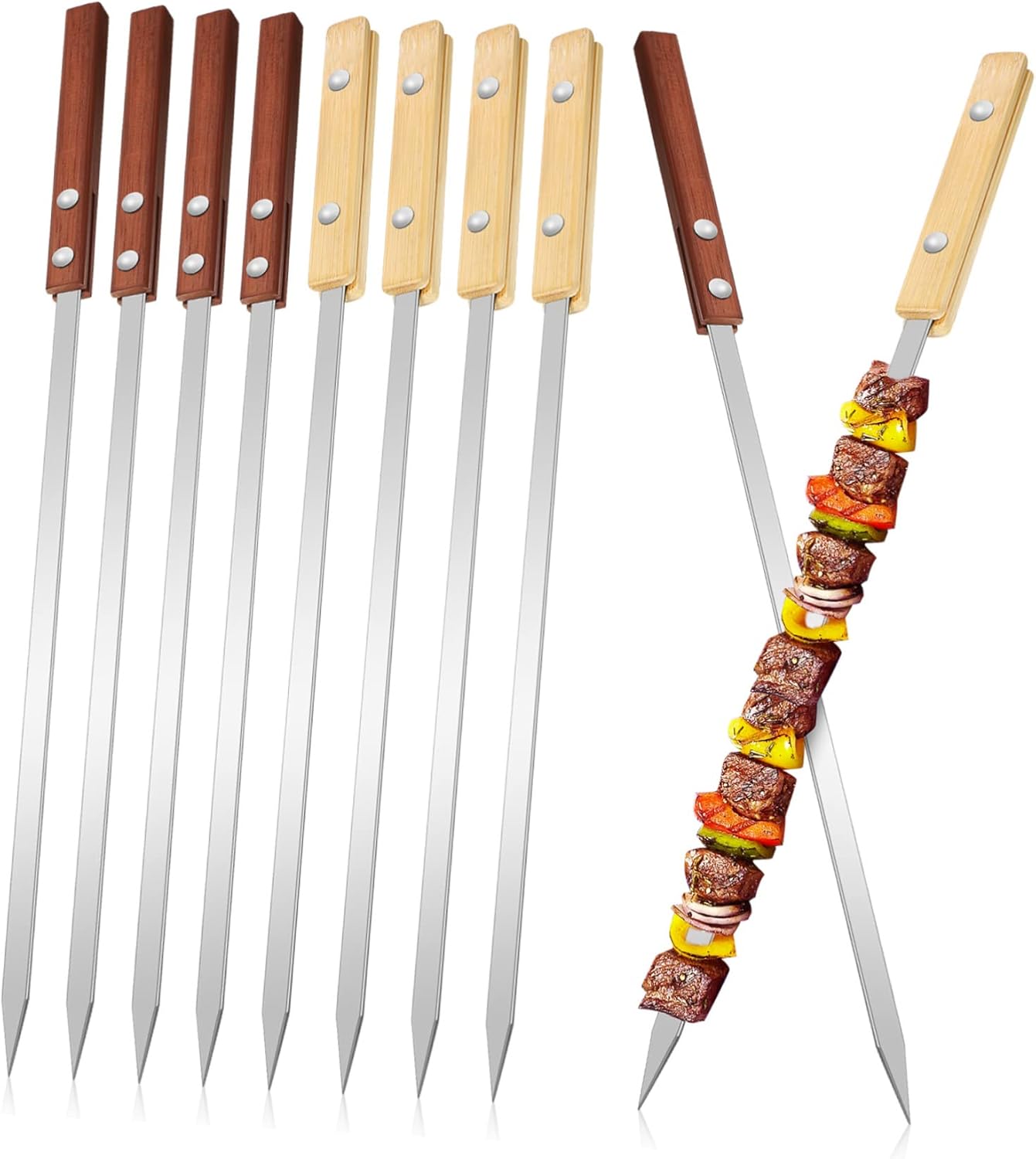 Sosoport 12pcs Stainless Steel Bbq Skewers Wooden Handles Flat Grilling Skewers for Kabobs Kebab and Outdoor Cooking and Easy to Clean for Camping and Picnics