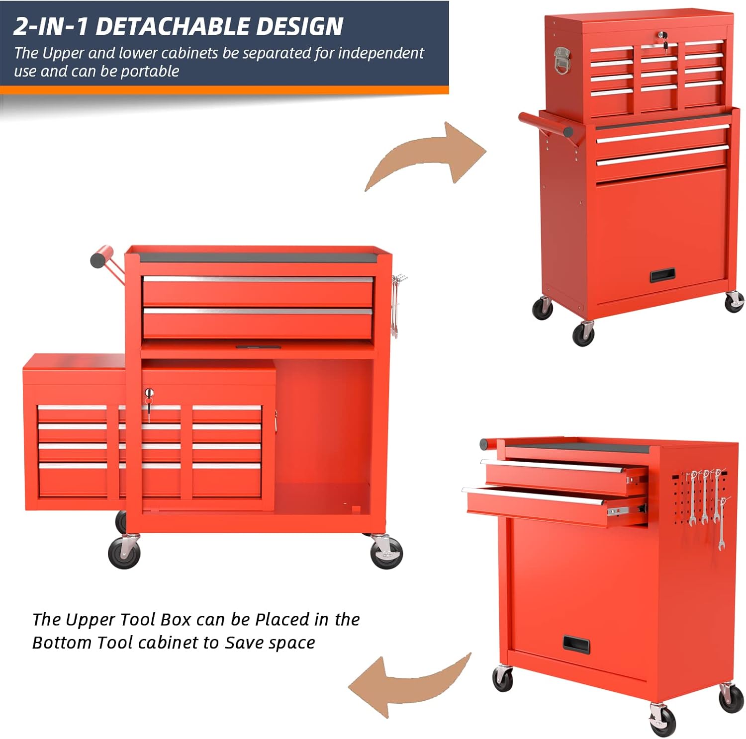 8-Drawer Rolling Tool Chest & Removable Tool Box with Locking System, Tool Box Organizer with 4 Wheels&Hooks, Large Capacity Garage Storage Cabinet for Warehouse and Repair Shop(Red)