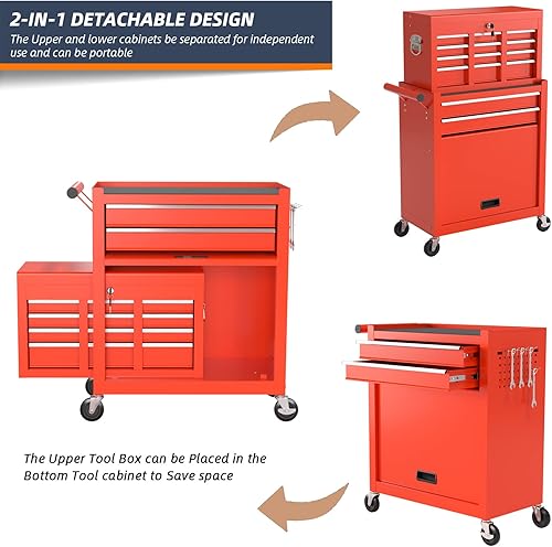 Miniatura 7 de Caja de herramientas con ruedas de 8 cajones, caja de herramientas con cerradura con ruedas y cajones, gabinete de herramientas de almacenamiento de