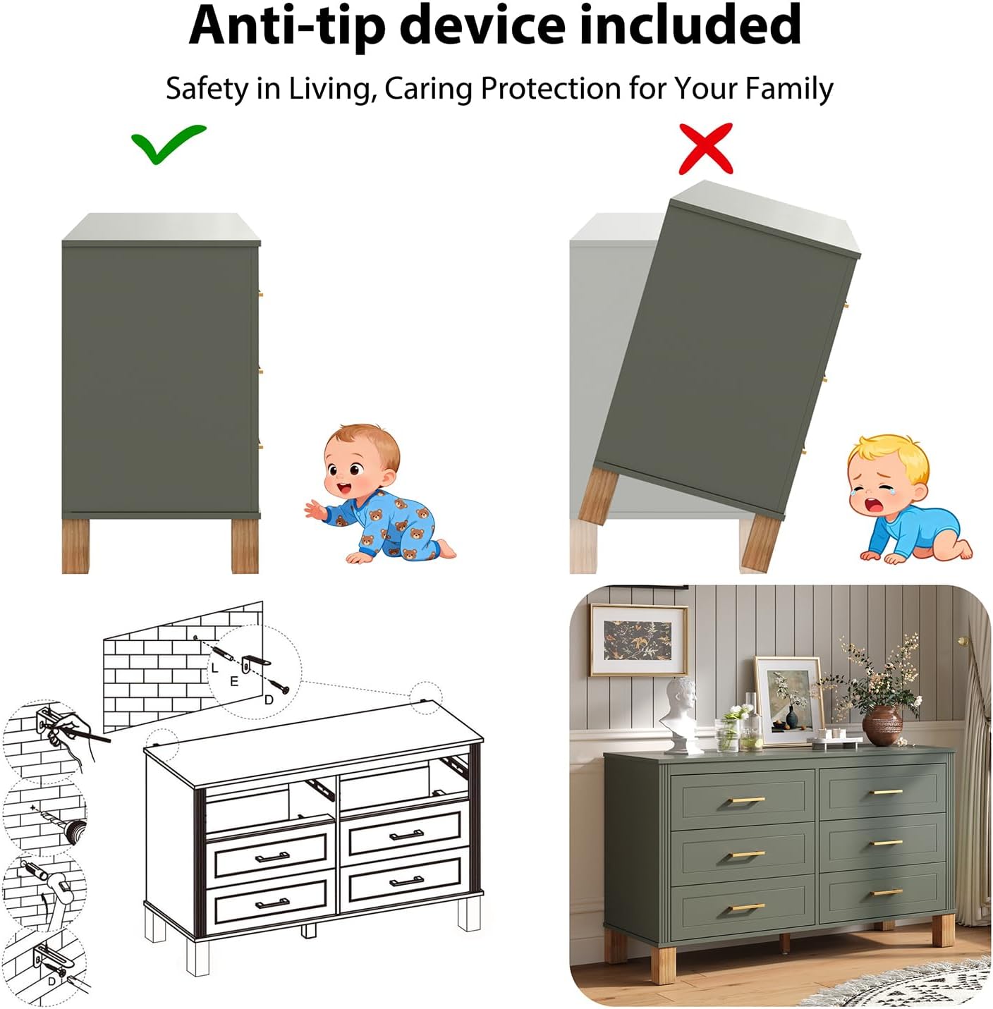 6-Drawer Dresser, Modern Chest of Drawers for Bedroom, 47" Wide Larger Dressers with Metal Handle Solid Wood Legs Wooden Storage Chest for Entryway Living Room Olive Green