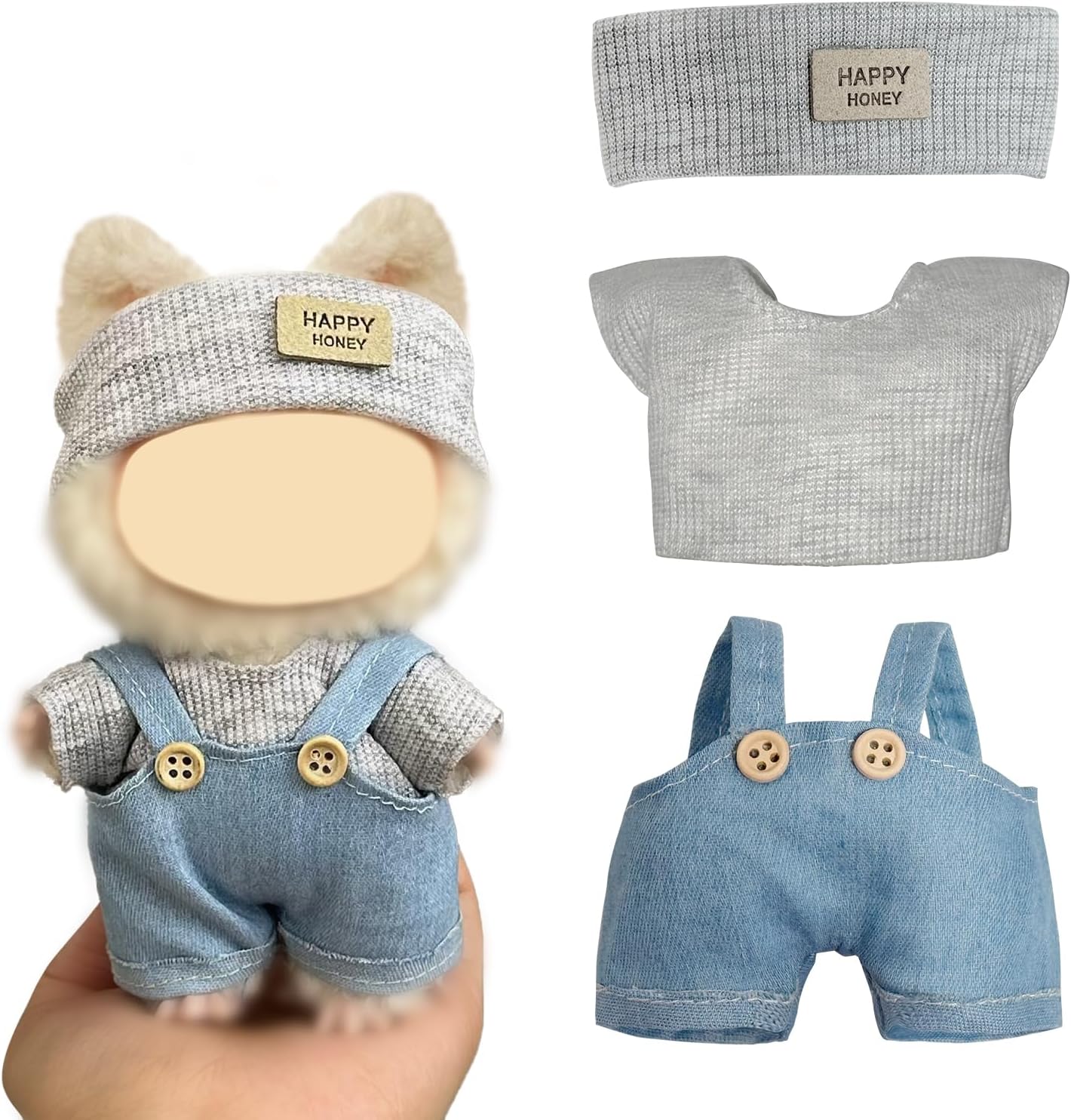 17cm Doll Clothes Set 3PCS: Monster Eye Hat, Striped Shirt, Heart Patched Overalls for Dolls (Style A)