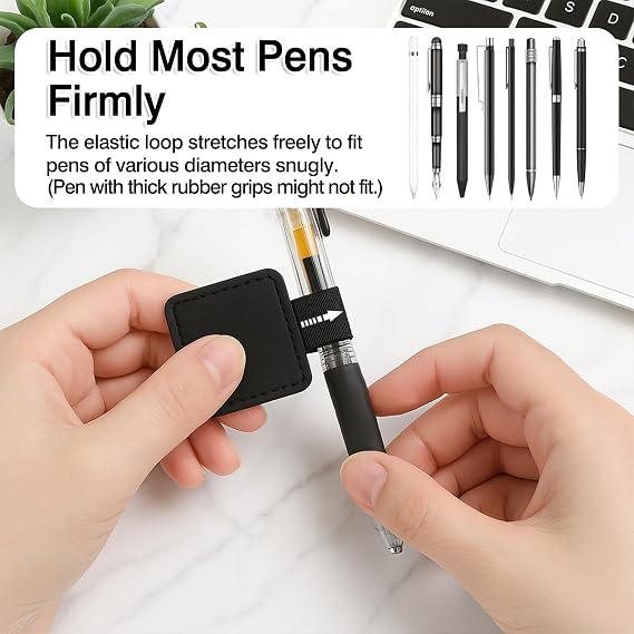 4-Pack Black Elastic Pen Loop Holders Adhesive PU Leather Sleeves