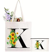 Andeiltech Initial Canvas Tote Bag Sunflower Letter Personalized Makeup Bag Monogrammed Gift for Bridesmaids Birthday Wedding