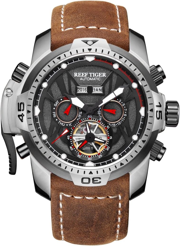 Mens Sport Watches Stainless Steel Automatic Watch Military Watches Leather Strap RGA3532 (RGA3532-YBSR)