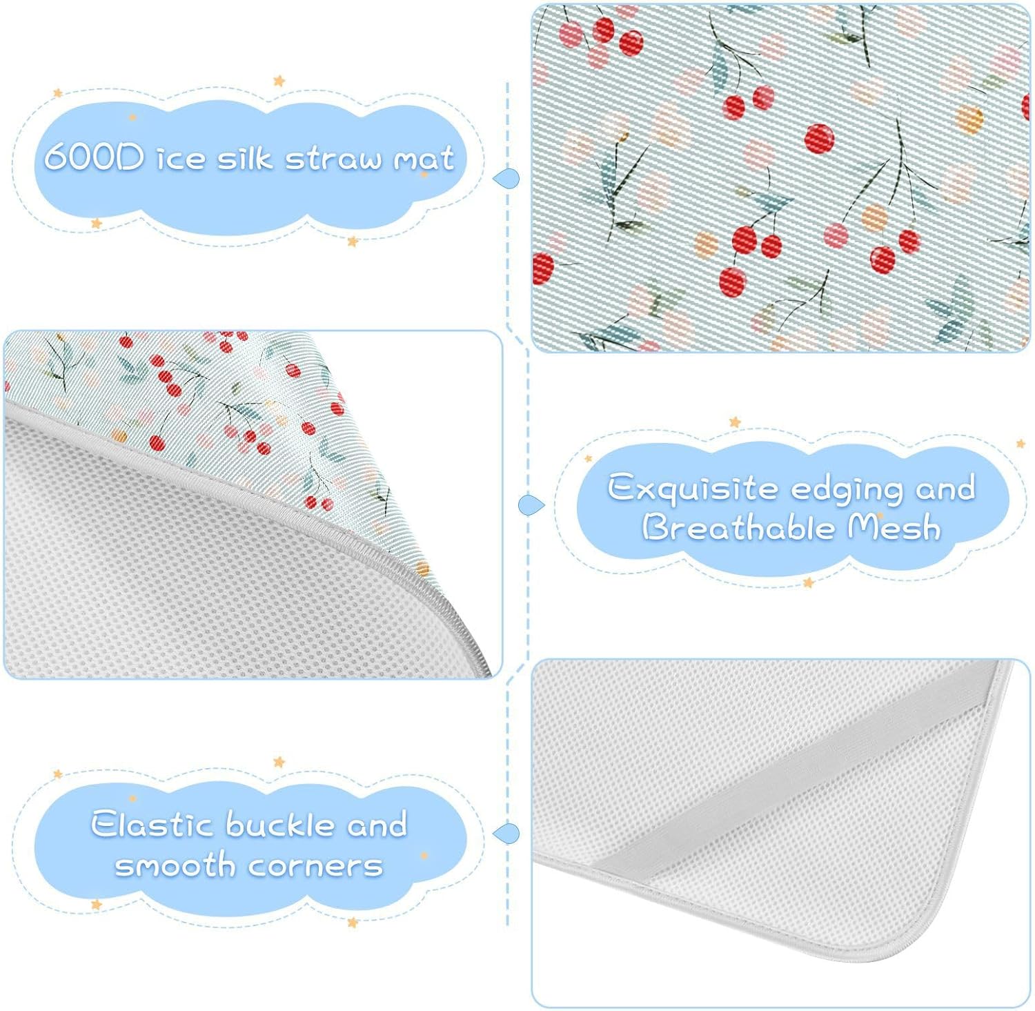 Cute Cartoon Cherry Soft Blue Cooling Baby Mattress pad Cover 28" x 52" Breathable Pads for Bed Washable for Toddler