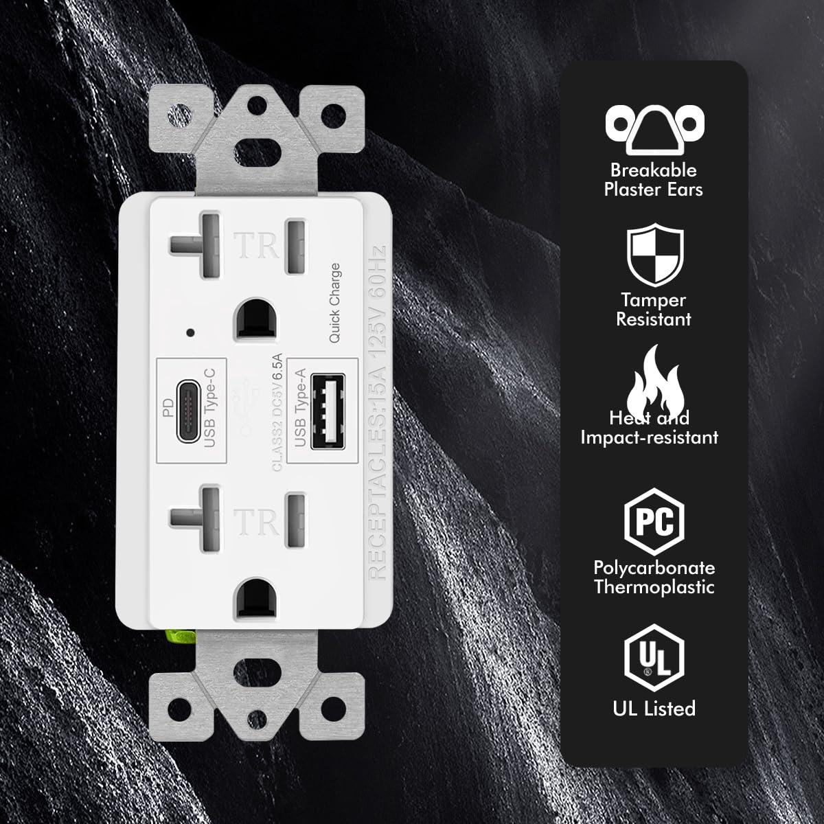 Micmi USB C + A Outlet PD 20Amp 65W GaN + Power Delivery Receptacle 6.5A with Type A and Type C Ports, 125 Volt Tamper-Resistant for USB-C Cellphone W/Wallplate UL Listed 10Pack, White