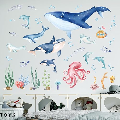 Miniatura 2 de wondever Pegatinas de pared de ballena marina con diseño de delfín y pez oceánico, calcomanías de arte de pared para guardería, habitación de niños