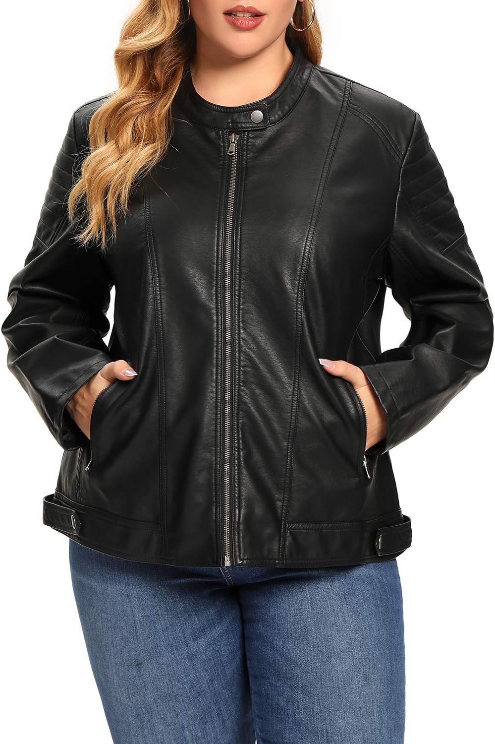 S P Y M Womens Faux Leather Jacket, Moto Biker Coat, Quilted Zip Up Outwear