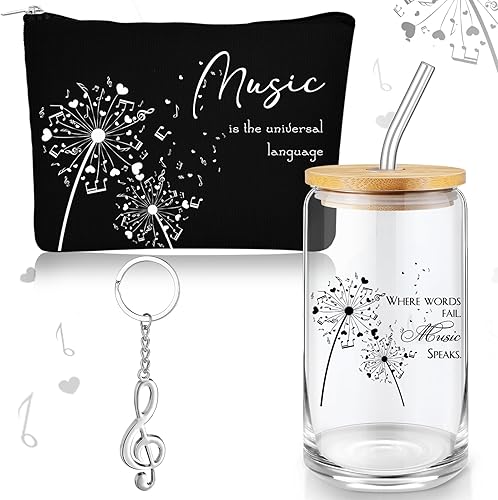 Sieral Regalos para amantes de la música para mujeres, regalos de Navidad para profesores, taza de cristal, bolsa musical con cremallera, llavero
