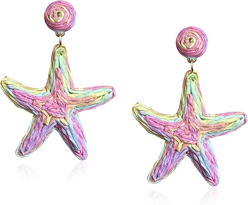 Anmpab Boho Raffia Starfish Earrings Raffia Straw Wrapped Starfish Drop Dangle E