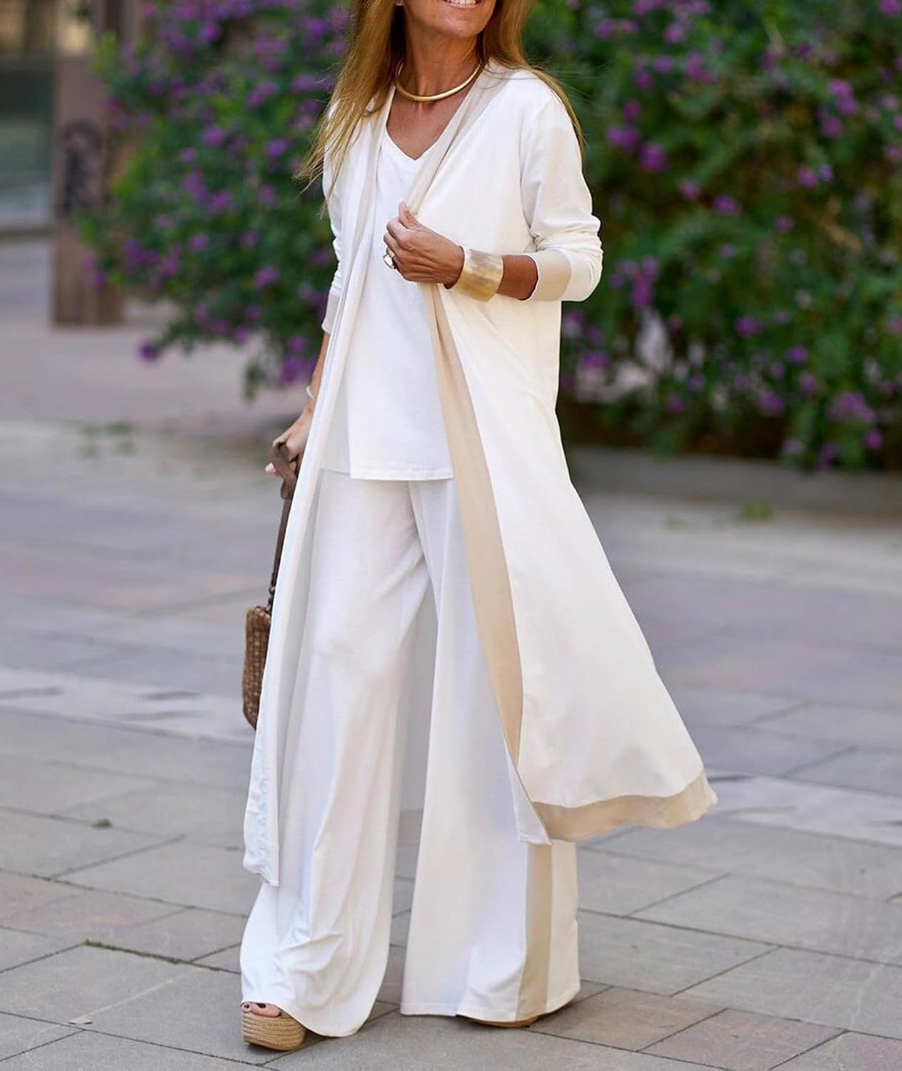 SOMTHRON Women's 3 Piece Outfits Loungewear Sets Long Cardigan Cover up Tank Top Wide Leg Loose Pants Set Tracksuit image 3