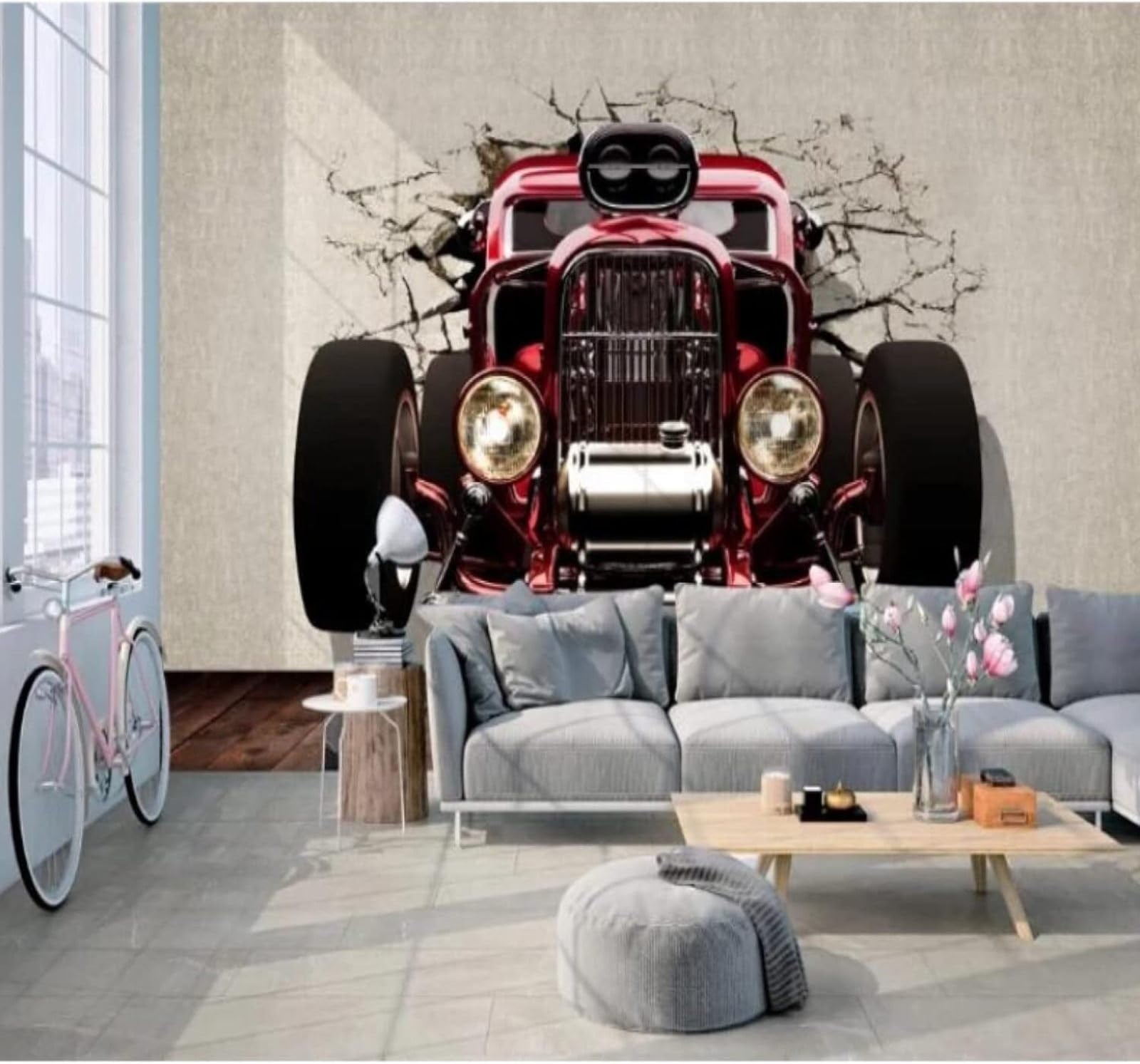 XLMING Retro Nostalgic Cracked Wall Three Dimensional Car 3D Wallpaper Luxury Home Dining Decor Paste Sofa Living Room The Wall for Bedroom Mural-200cm×140cm