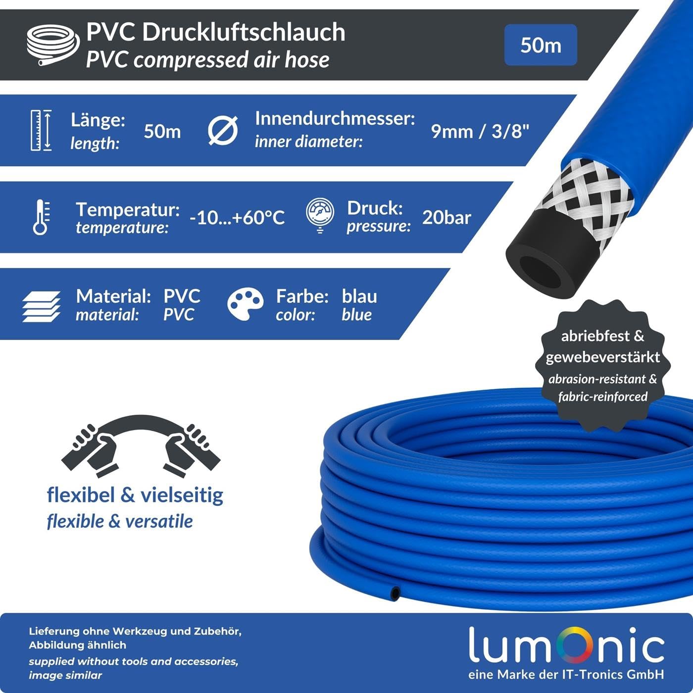 Lumonic 50m Tubo flessibile per aria compressa I 9mm I Flessibile, resistente all'abrasione e rinforzato in tessuto I Aria compressa I Tubo dell'acqua I Tubo in PVC fino a 20 bar