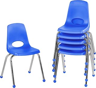 FDP 16" Stacking School Chairs 6-Pack Blue - Durable Classroom Student Seats with Ball Glides & Chromed Steel Legs for Ages 8-12