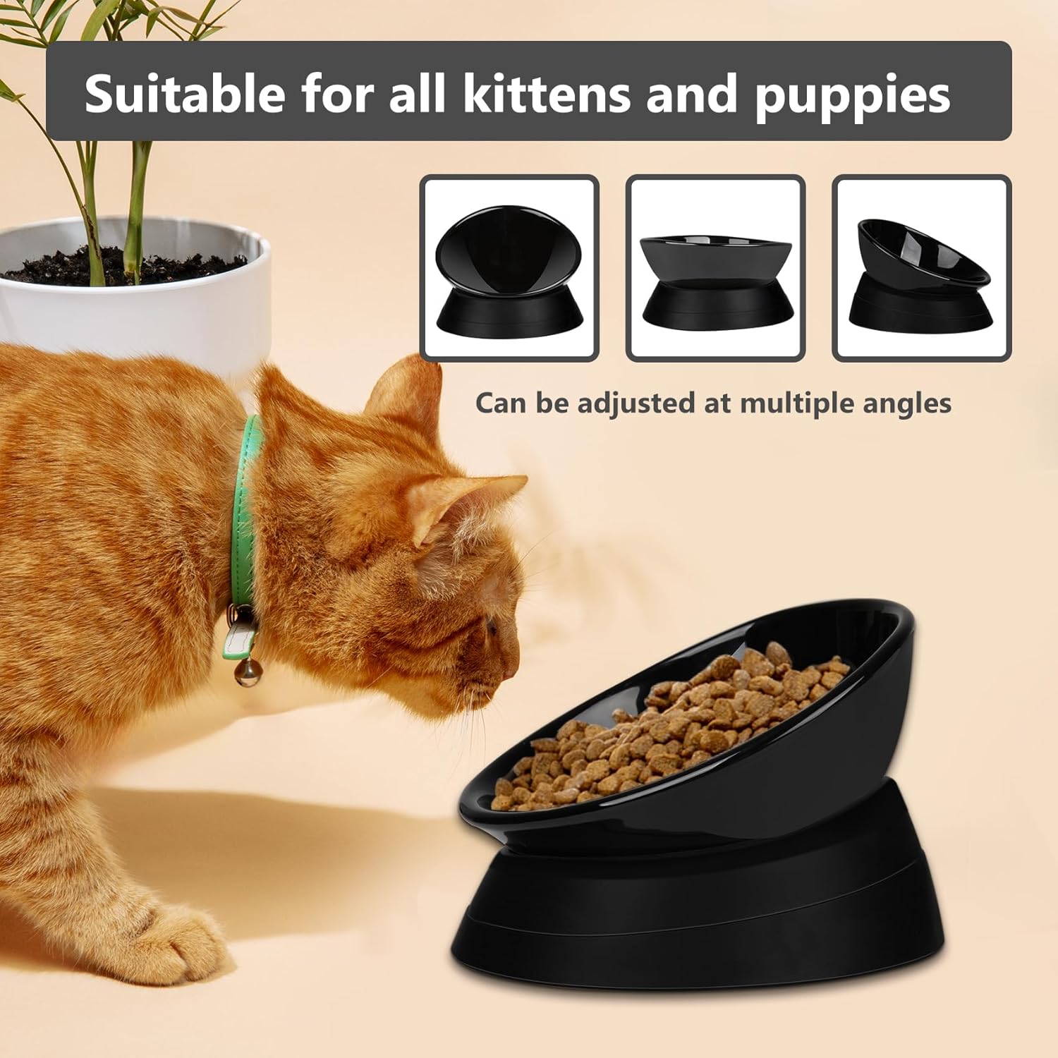 French Bulldog Food Bowl- Slanted Tilted Pug Food Water Bowl,Cat Bowl- Feeder for Frenchie/Shih Tzu/Flat Faced Small Dogs/Puppies/Cats (Black（Ceramic）, 2 Cup)
