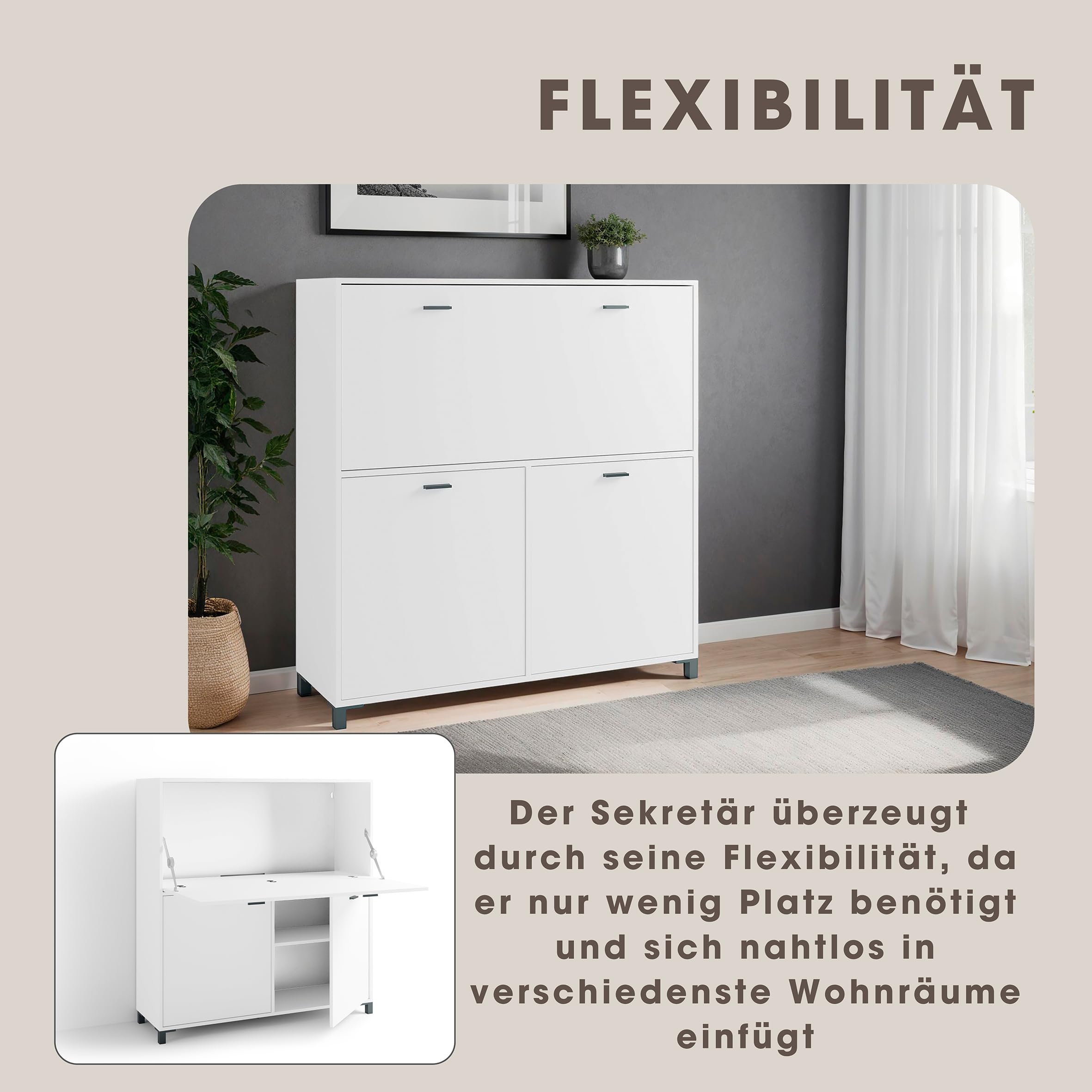 byLIVING Sekretär Montana/Sekretär matt weiß/Office-Schrank mit 1 Klappe und 2 Türen/Schwarze Griffe/B 120, H 127, T 40 cm
