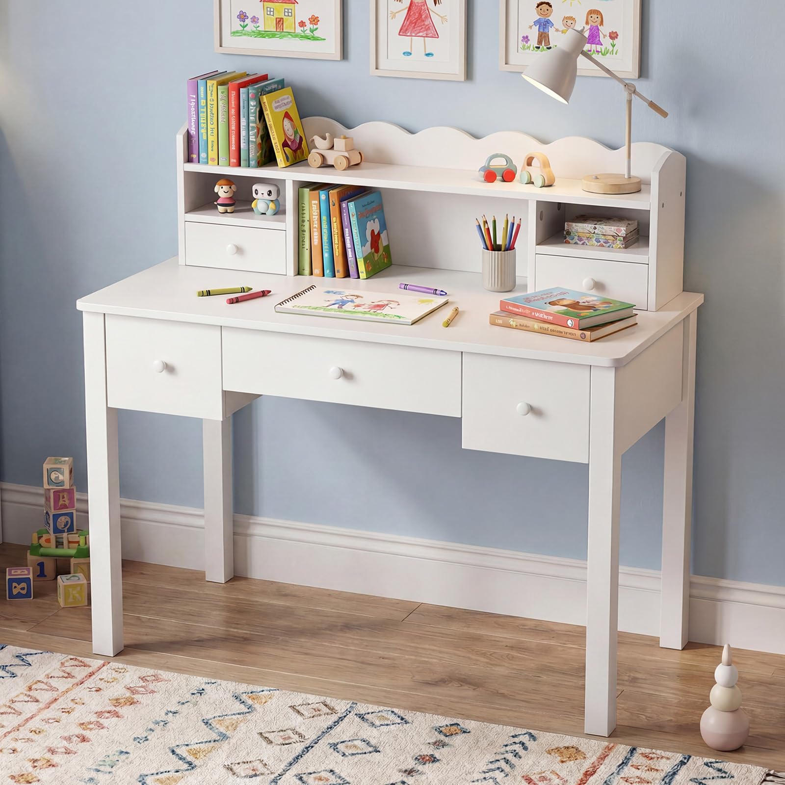 FUNKOCO Writing Desk with Hutch 40 Small White Desk for Girls 5 Drawers | Modern Student Desk for Study Teen Desk for Bedroom Home Office Ideal for Gift product thumbnail 5
