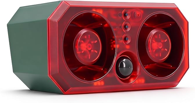 Solar Indoor Outdoor Motion Sensor Alarm, 13 Sounds Dog Barking Loud Noise Maker, 12 Red Flashing LEDs Motion Detector Alarm Siren Water proof for Home, Garden, Yard, Farm