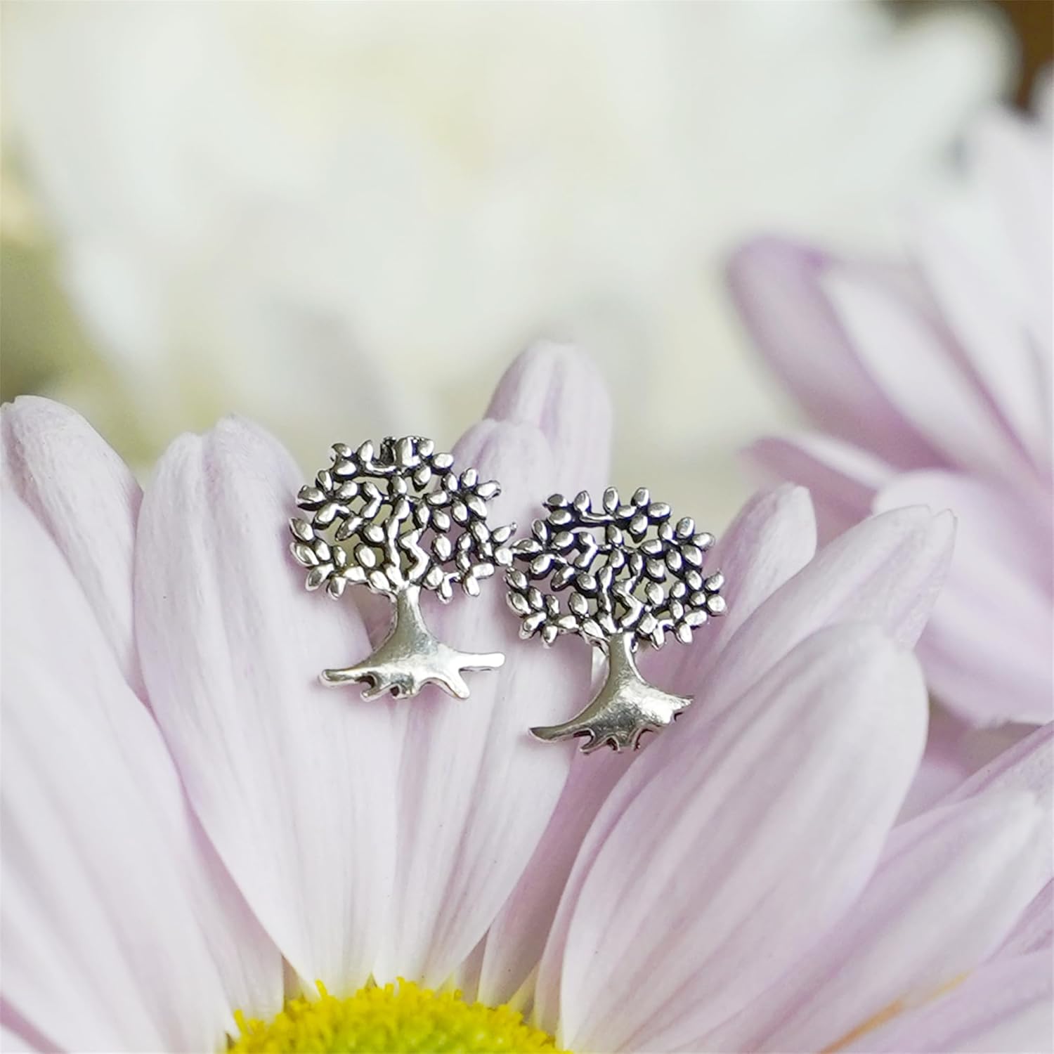 Sterling Silver Oxidized Retro Tree Of Life Family Tree Stud Earrings