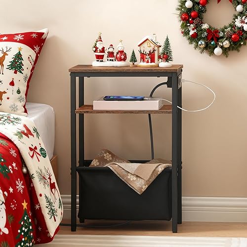 Miniatura 2 de HOOBRO Mesa auxiliar pequeña y estrecha, mesa auxiliar delgada con estación de carga, mesita de noche extra delgada con almacenamiento para espacios