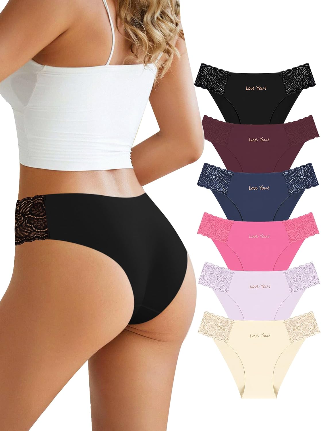 Bolivelan Seamless Soft Lace Underwear No Show Cheeky Bikini Panties 6 Pack