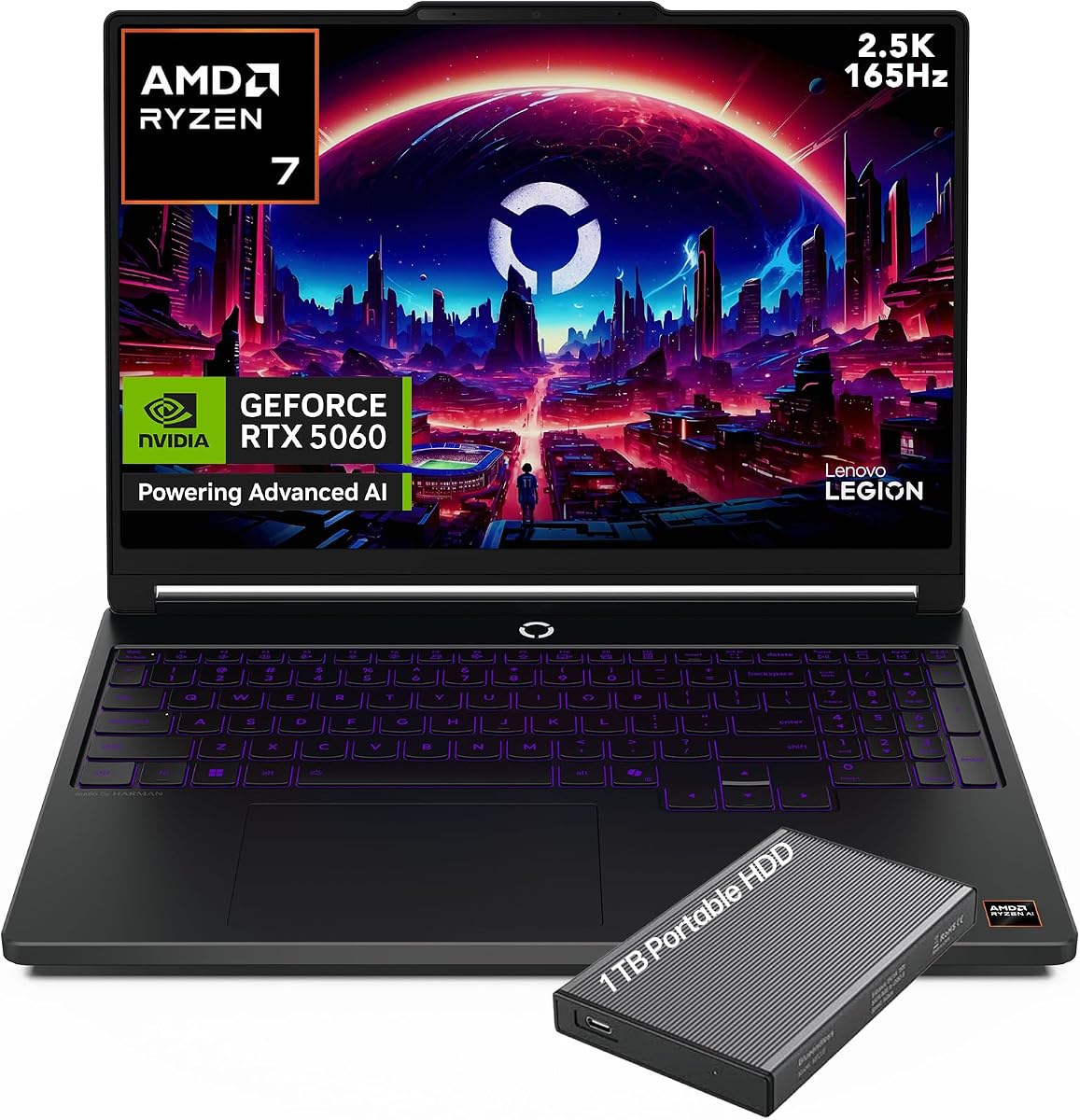 Computadora portátil para juegos Lenovo Legion 5a 2026, Ryzen 7 250, NVIDIA GeForce RTX 5060 | Pantalla OLED PureSight WQXGA de 15,3" y 2,5 K, 165 Hz, 32 GB de RAM DDR5, SSD de 1 TB, Wi-Fi 7, retroiluminación RGB, Win 11 Home, con disco duro portátil de 1 TB