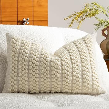 DEZENE Wool Boucle Lumbar Pillow Cover Premium Chic Accents Rectangular Textured Decorative Throw Pillow Case for Living Room Couch Sofa Home Decor 12"x20" Beige