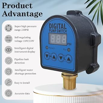 Digital Pressure Switch for Well Pump, Water Pump, 110V/220V 10A/5A, Adjustable Pressure Controller 0-230PSI, with 1/2 inch Male NPT Thread Connection