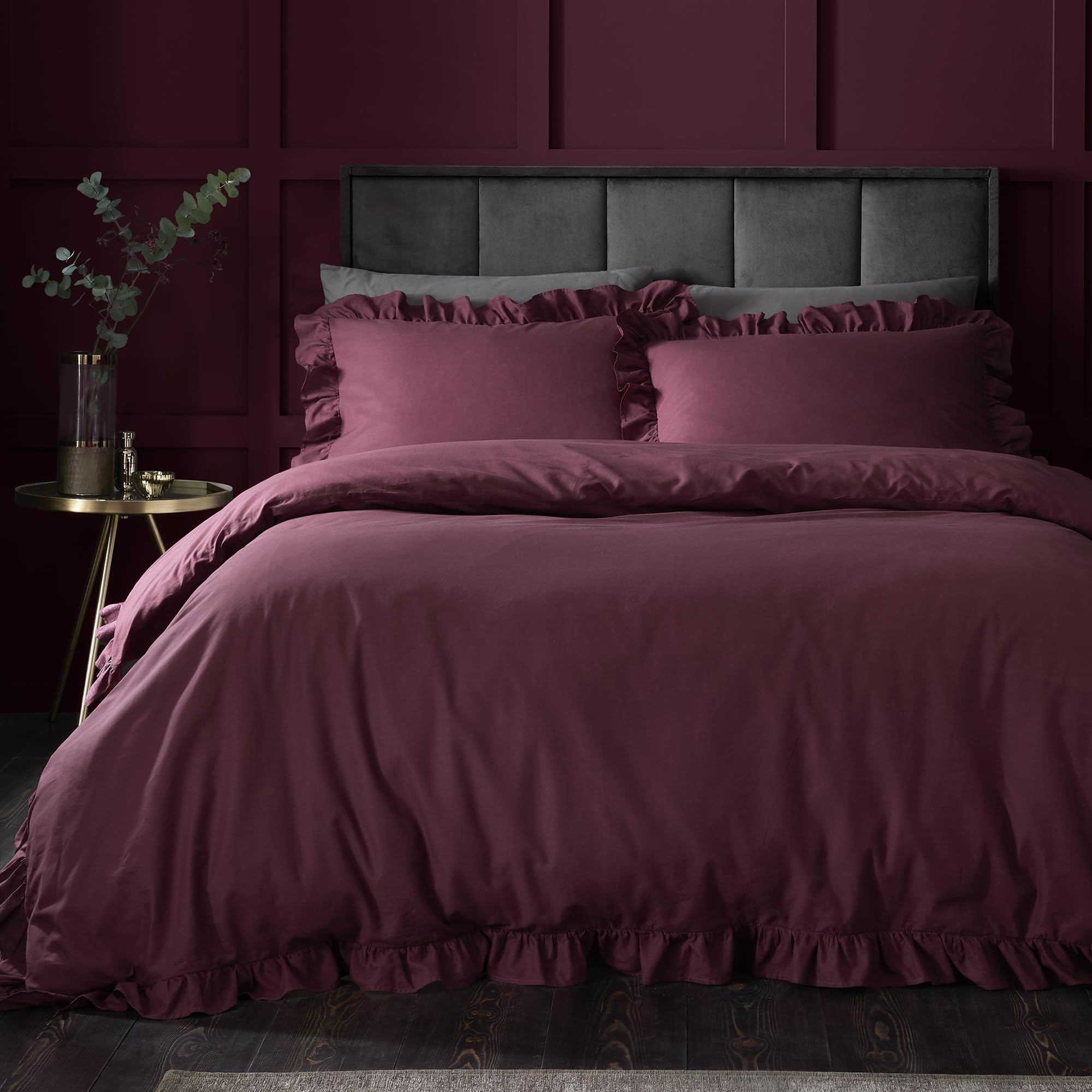 Appletree Hygge Cotton Duvet Cover Set, 100% Cotton, Super-King 260x220cm, Berry, Plain with Frilled Edge, 144 Thread Count, Orange