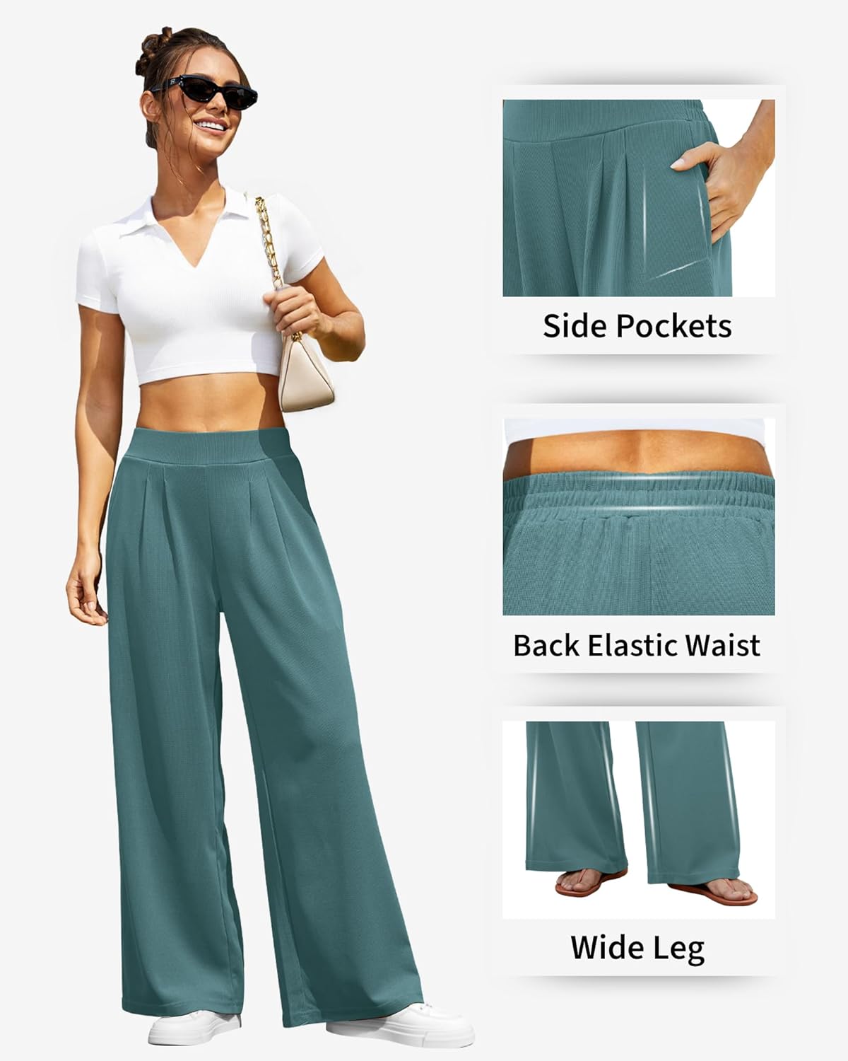 FireSwan Women's Wide Leg Pants Elastic High Waist Casual Palazzo Pants Trousers with Pockets - Image 5