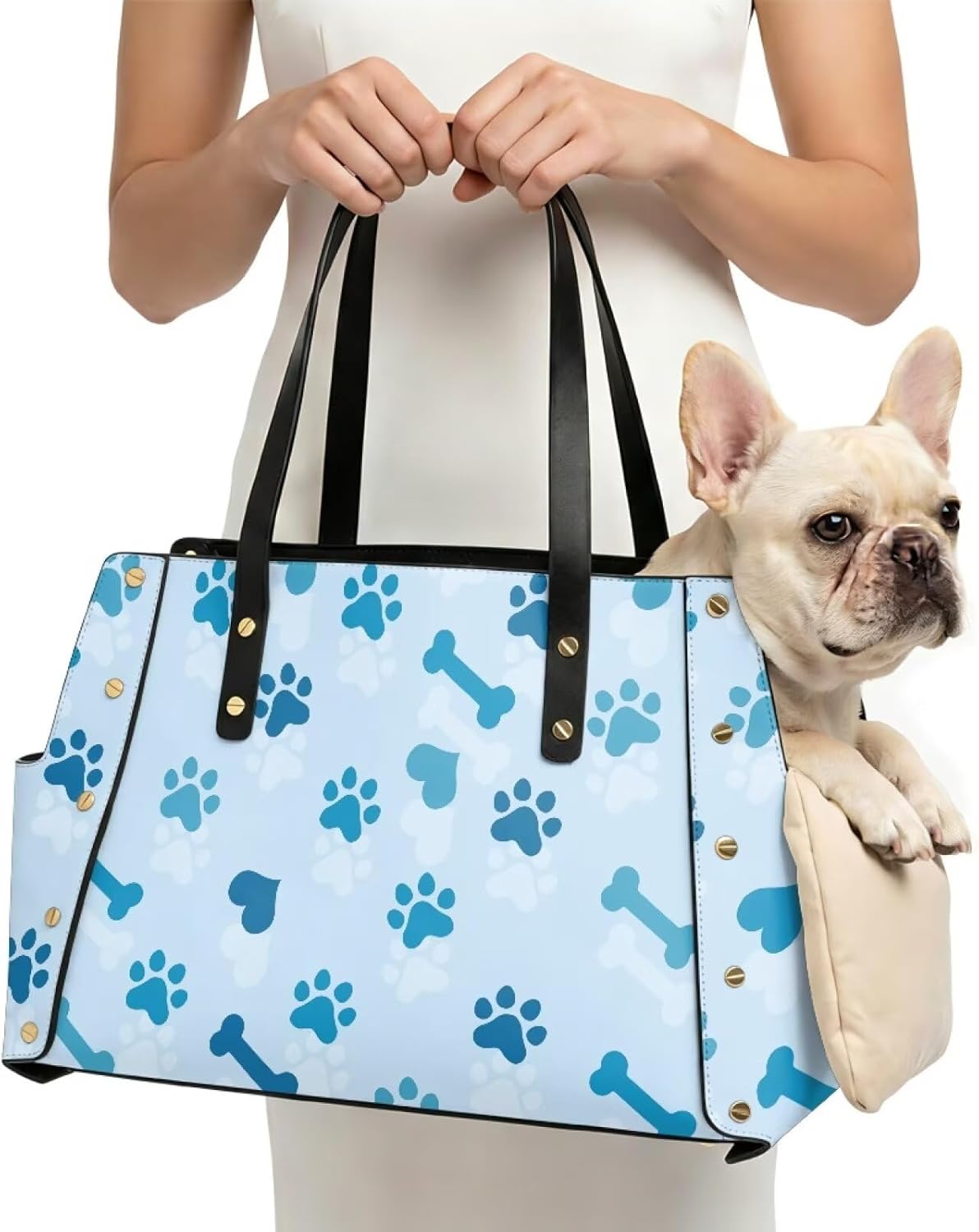 COEQINE Small Dog Carrier Sling Purse Light Blue Paw Prints PU Leather Tote Handbags for Women Travel Pet Sleeping Bag Handbag for Outdoor Travel Walking Hiking Shopping,15x9x6 in