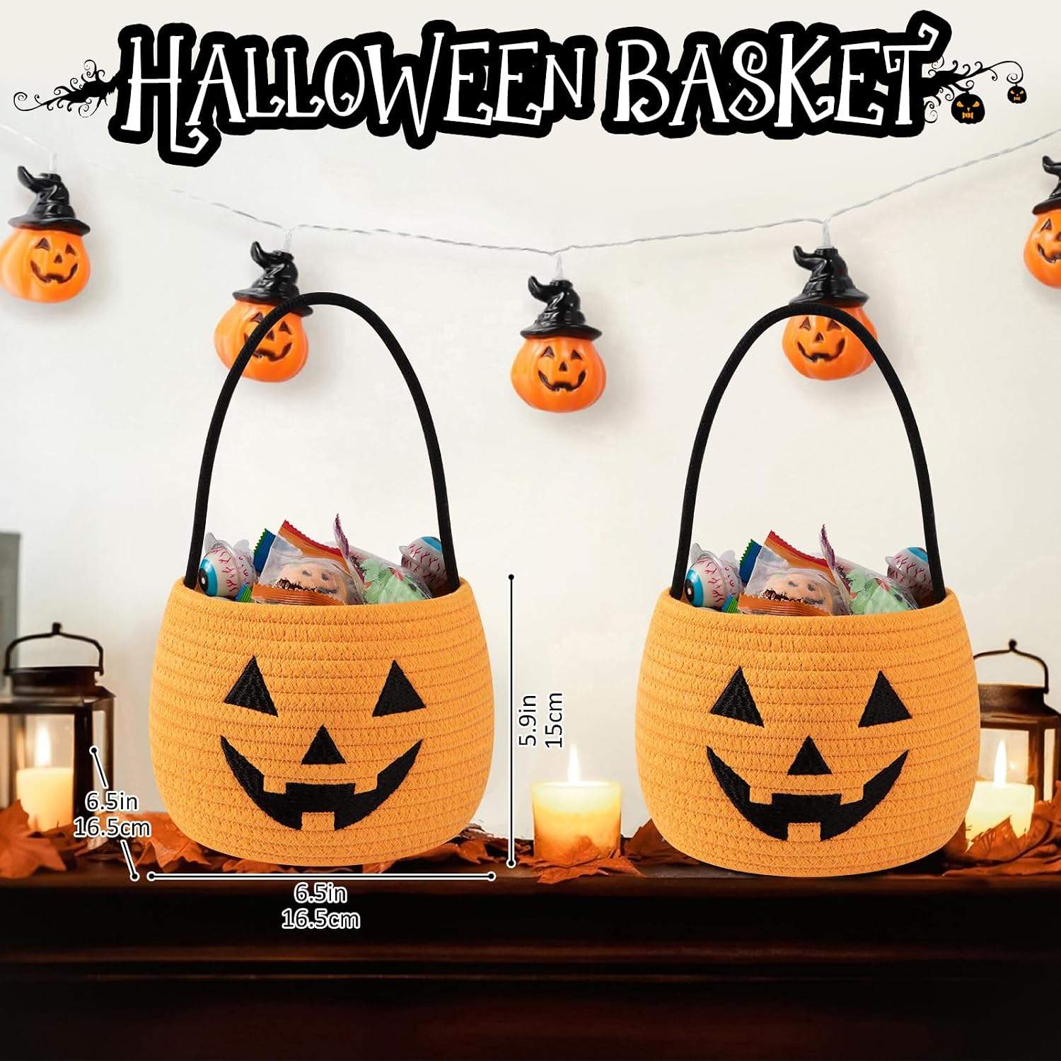 OIAHOMY 2 Pack Halloween Trick or Treat Bucket, Large Halloween Candy Snack Baskets, Woven Baskets for Decor, Gift, Orange