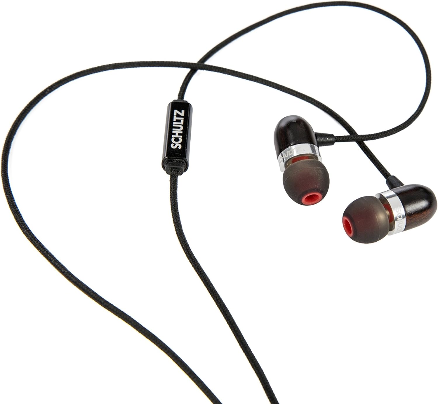 Close-up of a single Schultz CW Earphone earpiece, showing the wood grain and red ear tip.